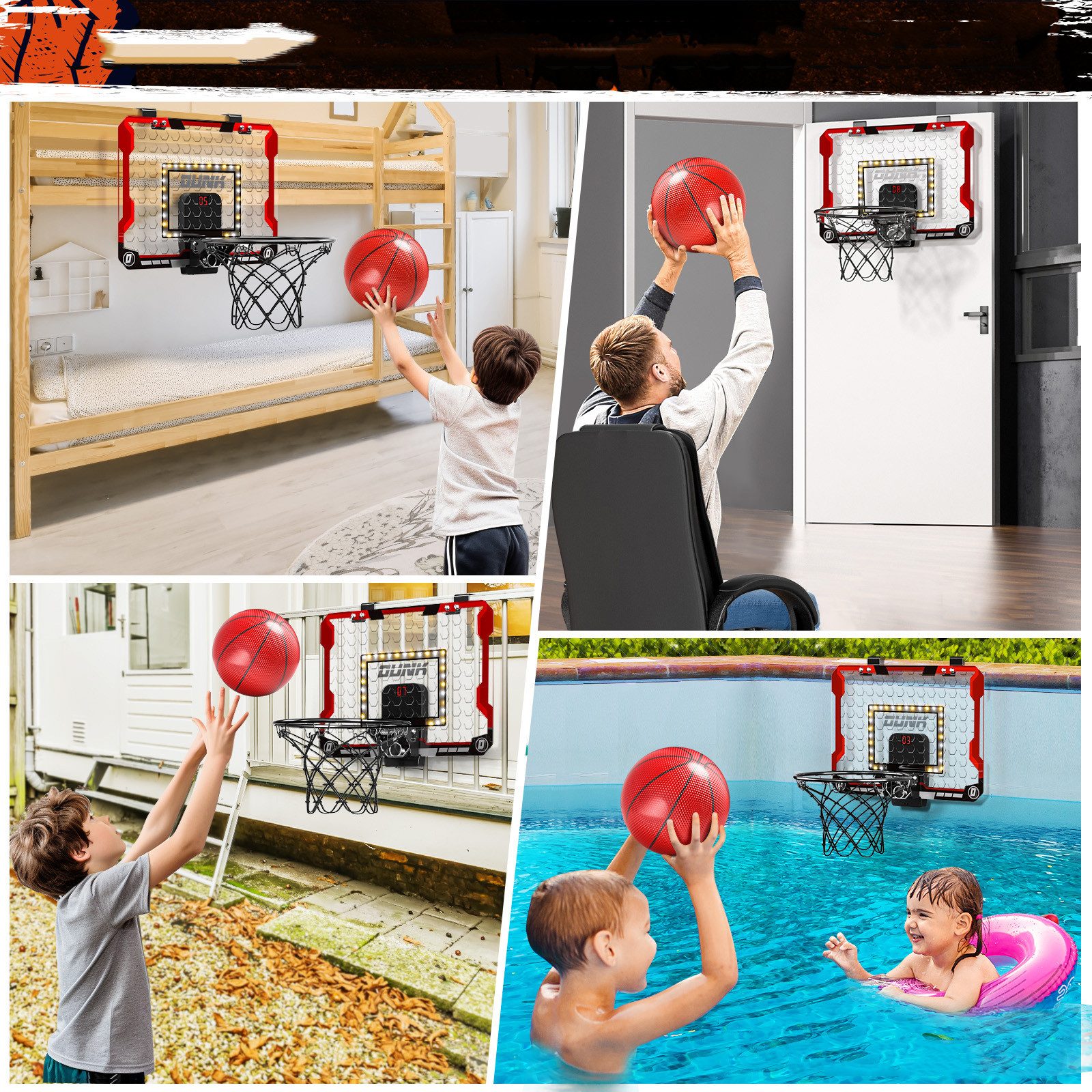 TEMI Wasserbahn Mini Basketballbrett mit Anzeigetafel, (Set, 2-tlg., mit 2 Mini Ball, 1 Pumpe), Mini Basketball Reifen mit 2 Bällen, Basketball Spielzeug