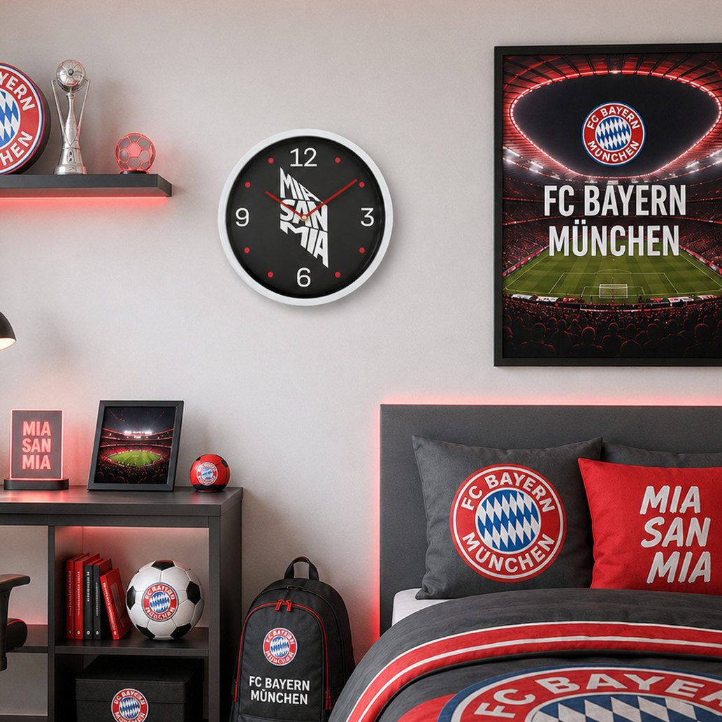 K&L Wall Art Wanduhr FC Bayern München Wanduhr Mia San Mia FCB Fußball Deko (lautloses Uhrwerk ohne Ticken)