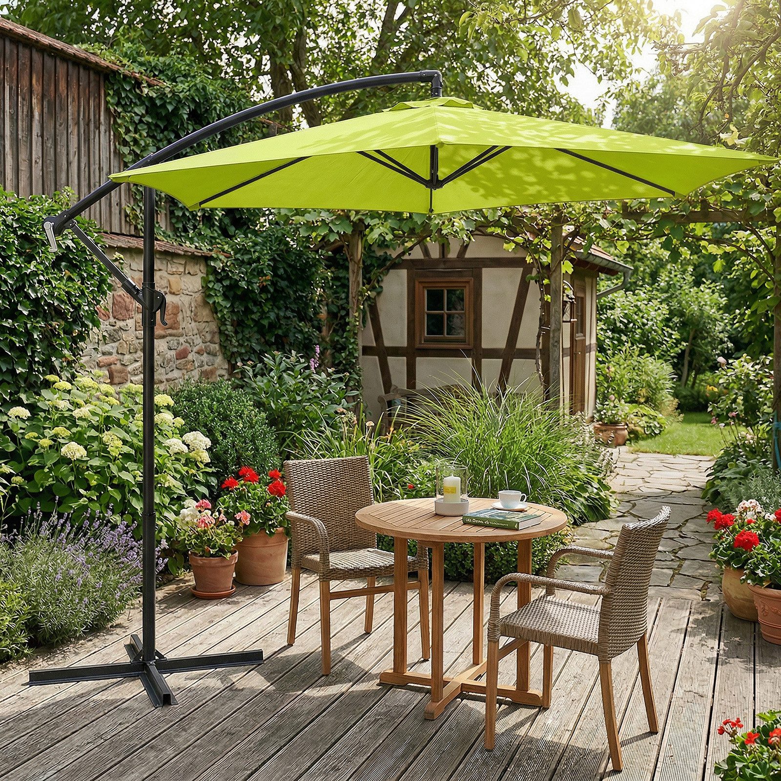 Sekey Sonnenschirm Ø300cm Ampelschirm mit Kreuzständer, Gartenschirm mit Kurbel, UV50+, LxB: 300,00x300,00 cm, Garten Terrassen Schirm rund knickbar, Winddicht & wasserdicht