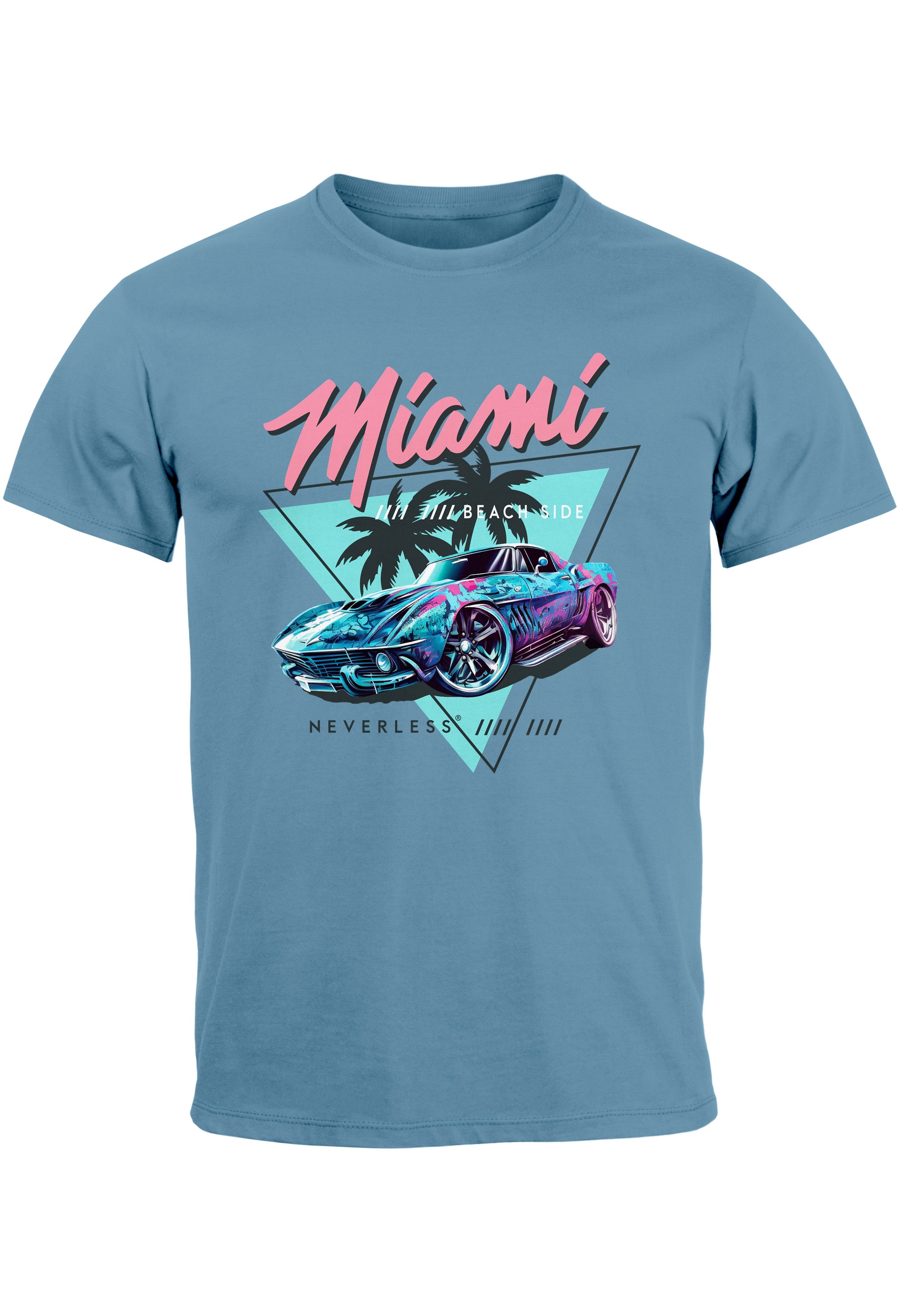 Neverless Print-Shirt Herren T-Shirt Bedruckt Miami Beach Surfing Motiv USA Retro Automobil mit Print stone blue