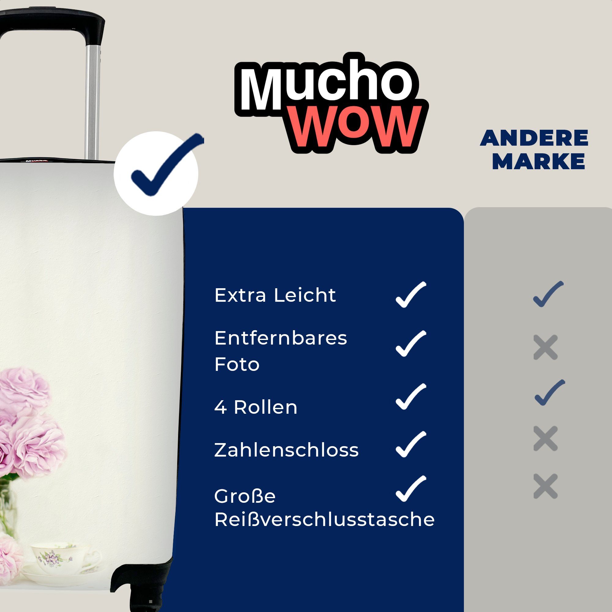 Handgepäck Handgepäckkoffer einer Reisetasche MuchoWow 4 an mit Ferien, Reisekoffer Trolley, für rollen, rosa Teetasse, aus Rollen, Blumenstrauß Pfingstrosen