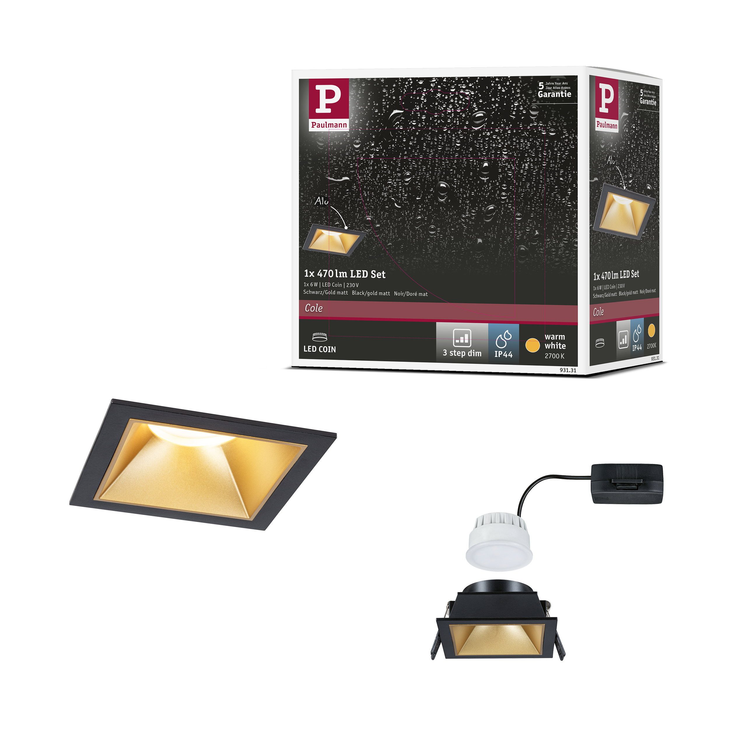 Paulmann LED Einbauleuchte LED Einbauleuchte 3-Step-Dim Cole Coin 1er-Set IP44 eckig 88x88 mm Coi