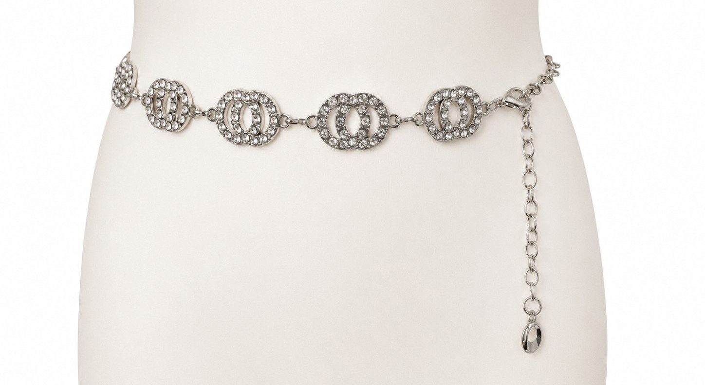 Cassandra Accessoires Kettengürtel Damen Silber Taillenkette Hüftkette mit funkelnden Straßsteinen