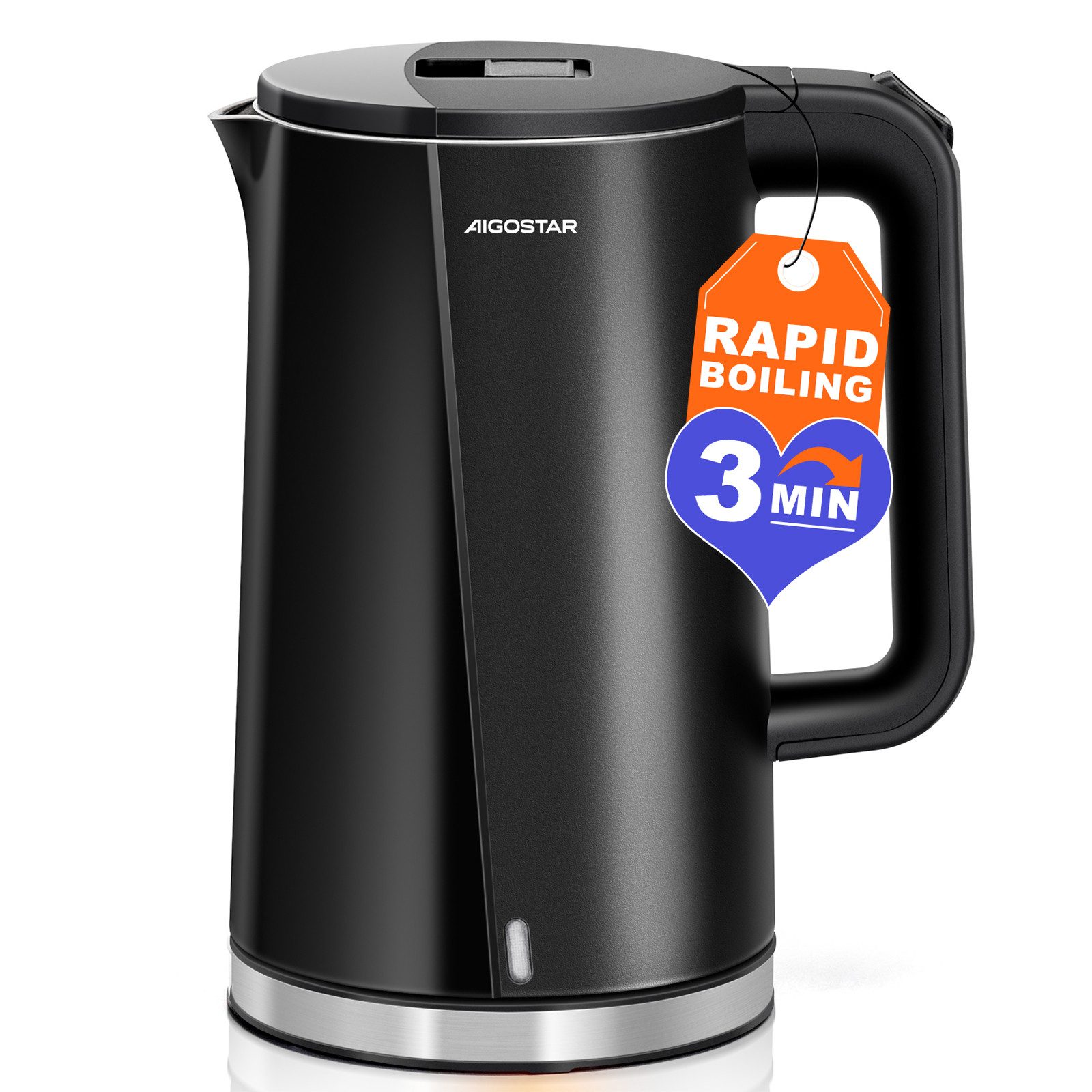 Aigostar Wasserkocher Edelstahl Doppelwand Design Elektrischer Wasserkocher BPA frei Schwarz, 1.7 l, 2200,00 W, Edelstahl, Doppelwand Design, Schnelles Erhitzen