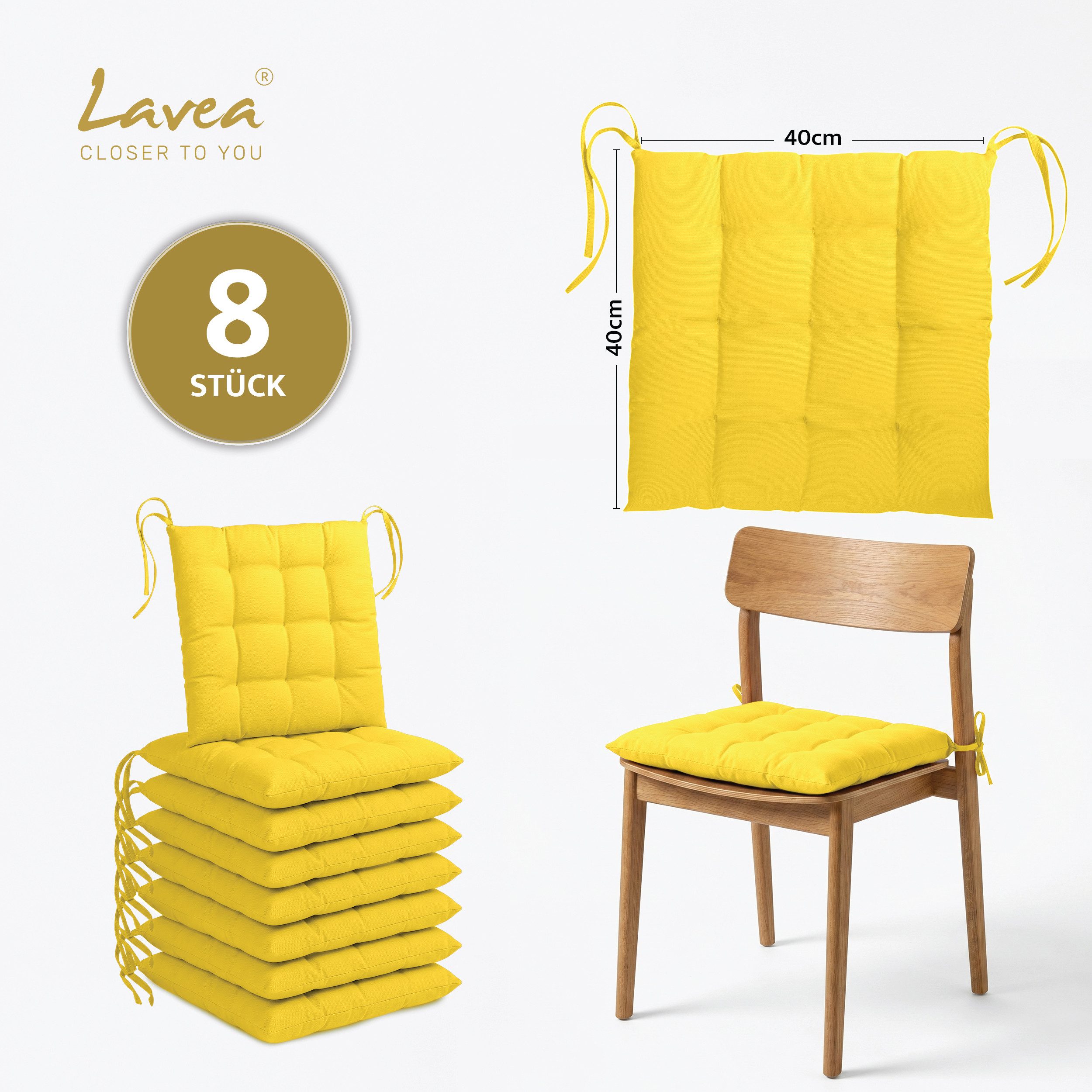 Lavea Stuhlkissen Lavea® Sitzkissen & Stuhlkissen 40x40 cm – 4er/8er Set, 40x40x3 cm, mit Stoffbändern, Indoor & Outdoor, für Garten & Balkon
