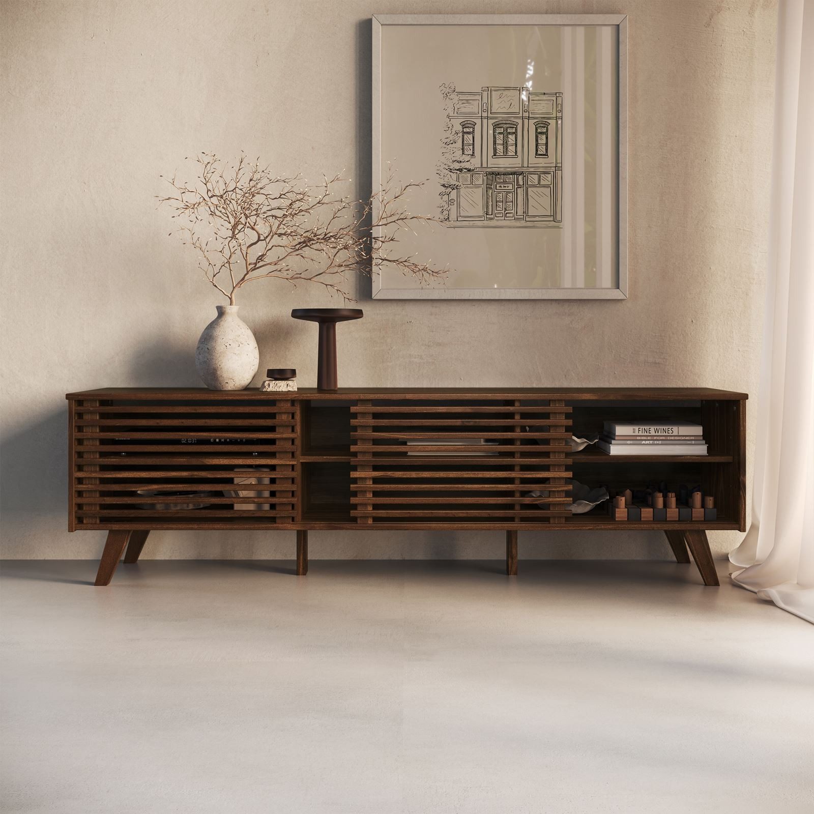 IDIMEX Lowboard RIAN, Modernes TV Möbel mit Schiebetüren Massivholz Nussbaum Finish