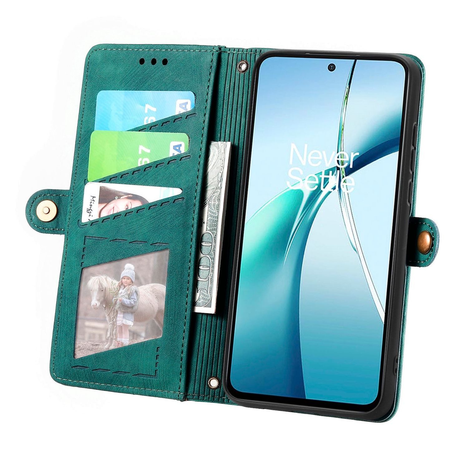 Wigento Handyhülle Für Nothing Phone 3a Kunstleder Design Zipper Book Hülle Tasche Grün, Kartenfächer, Reißverschlussfach, Standfunktion