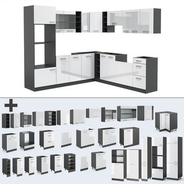 Livinity® Winkelküche R-Line, Weiß Hochglanz/Anthrazit, 237 x 247 cm, AP Marmor