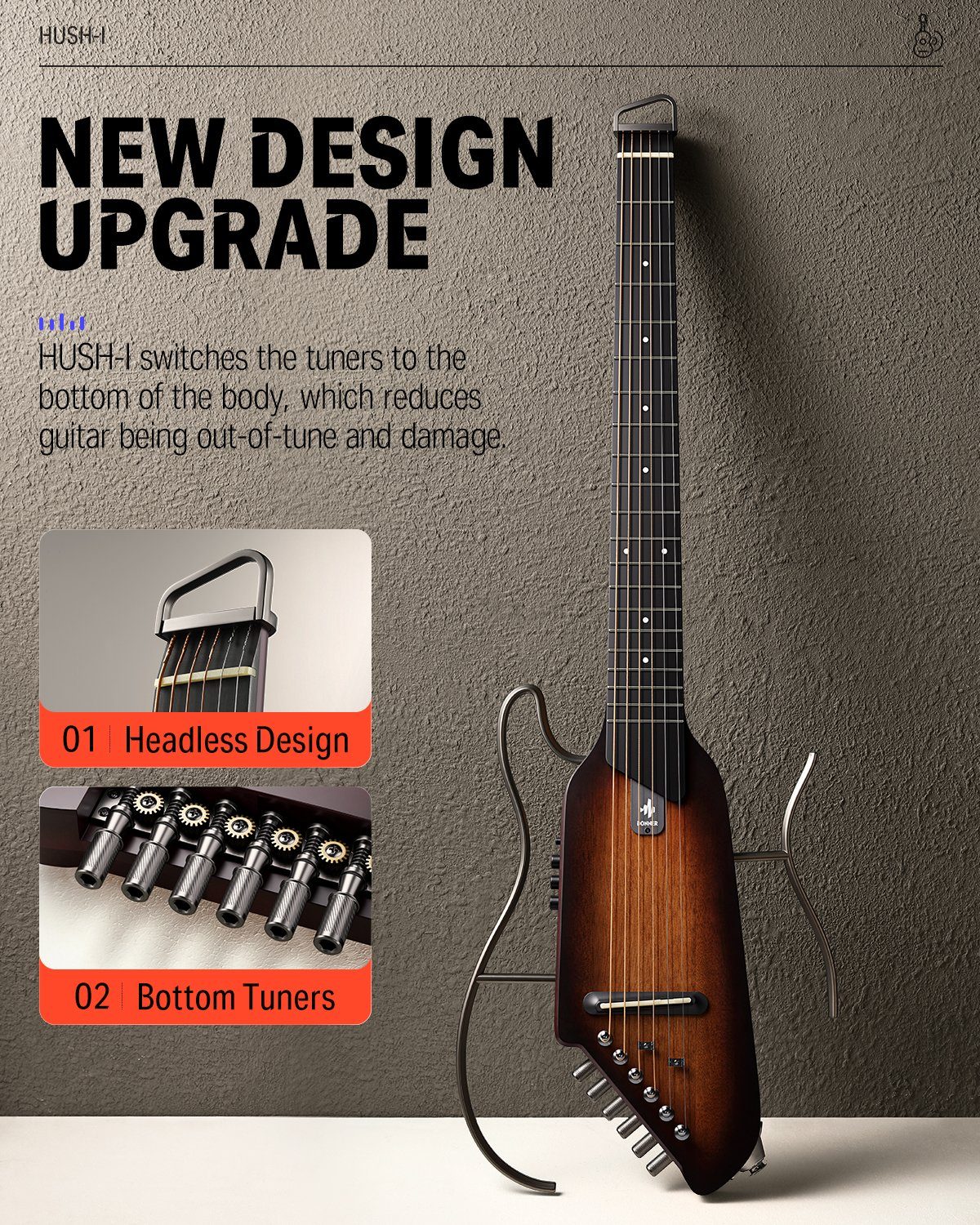 Donner Gitalele HUSH™ I Akustik-E-Gitarre Kopflose Ahornholz mit Kopfhörern, Gigbag, Kopflos, Set, tragbar In jeder Zeit spielen Lärmminderung