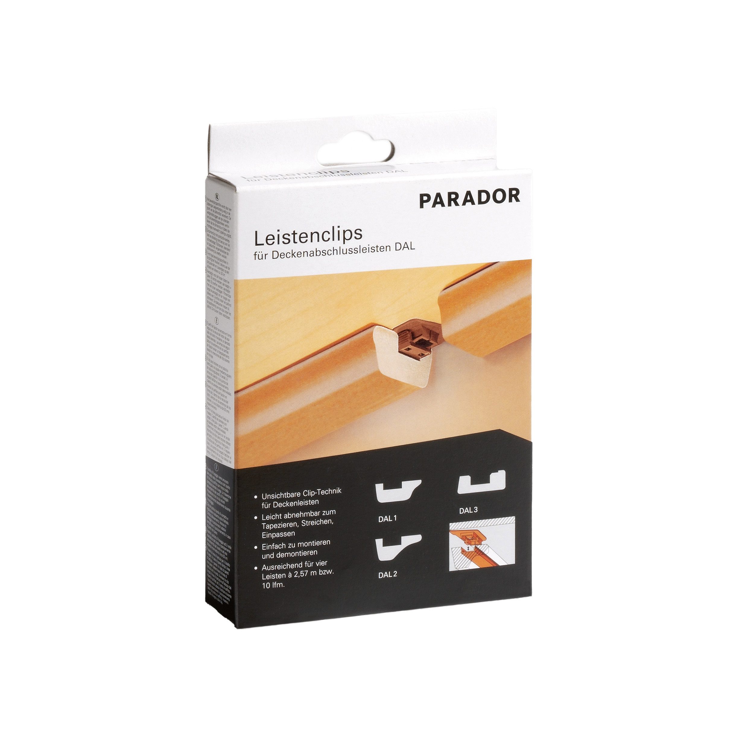 PARADOR Leisten-Befestigungsclips für Deckenabschlussleisten DAL 1, 2 und 3, (Ausreichend für eine Strecke von etwa 10 lfm, 1-St., Für eine besonders einfache und stabile Montage), Auf die Deckenleisten DAL 1, DAL 2 und DAL 3 abgestimmt