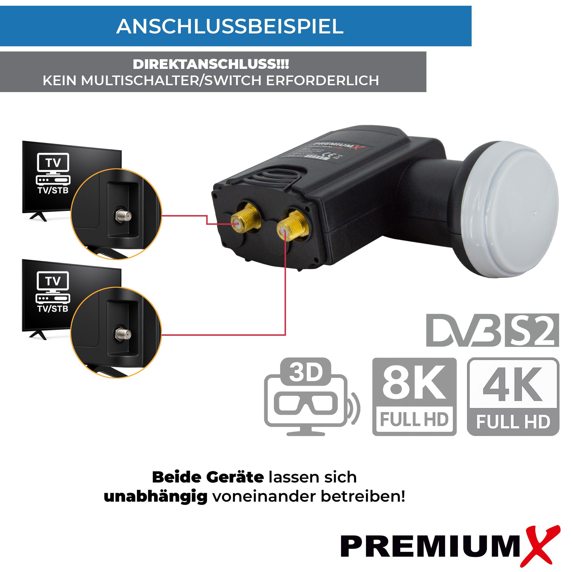 PremiumX Deluxe Twin LNB PLL SAT für 2 Teilnehmer DVB-S2 HD UHD 4K Monoblock-LNB