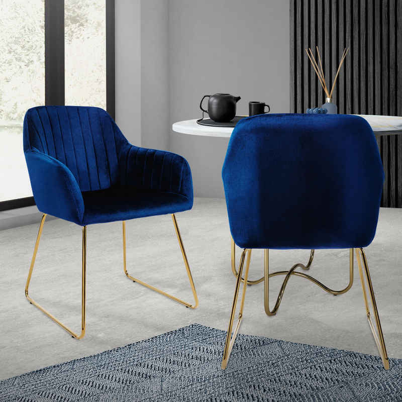 ML-DESIGN Stuhl Esszimmerstühle Sitzfläche aus Samt mit Metallgestell Polsterstuhl (2 St), 2x Wohnzimmerstühle Blau 57cmx60cmx82cm mit Gold Beine Sessel