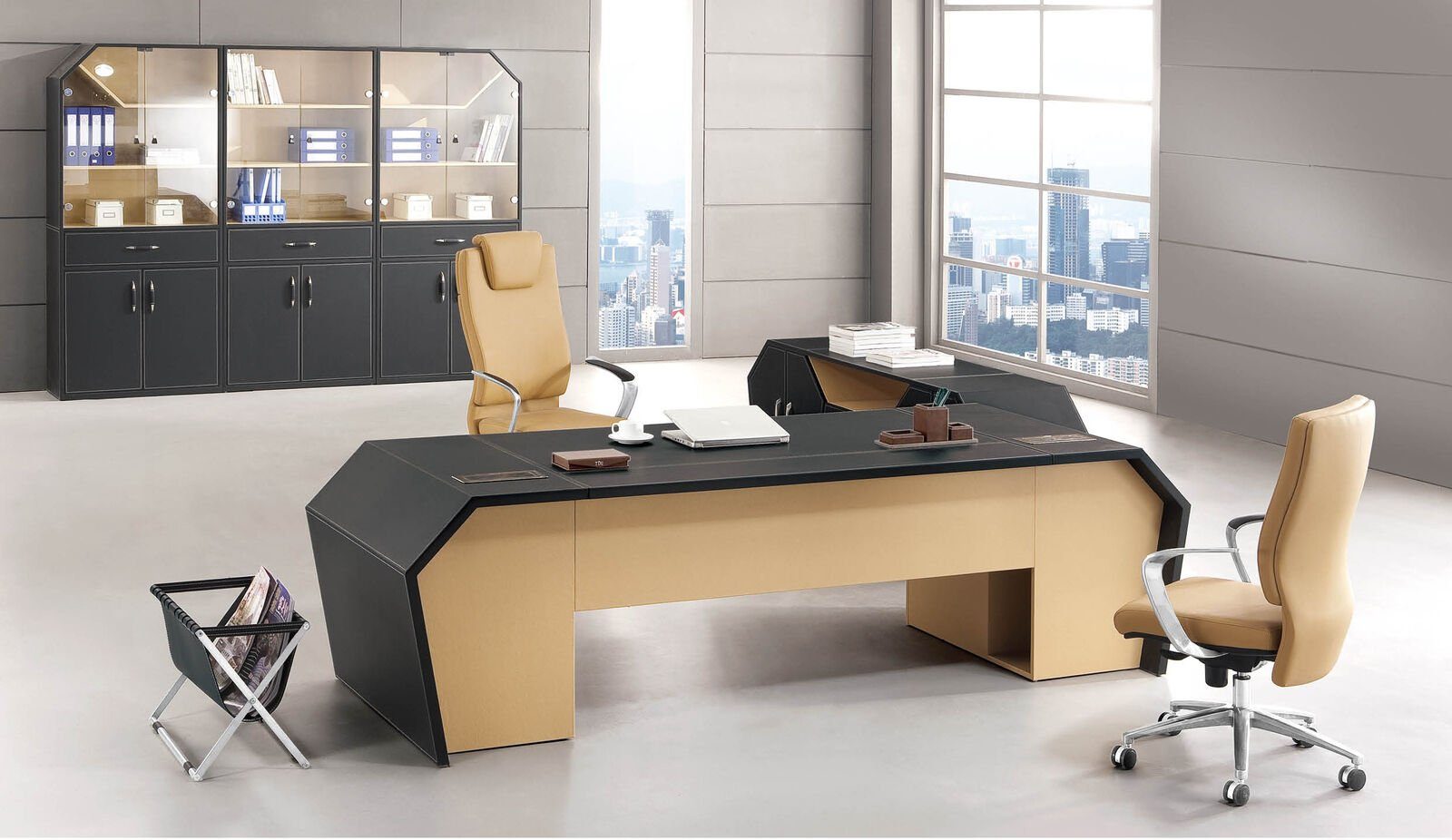 JVmoebel Eckschreibtisch, Moderne Büromöbel Schreibtisch Chef Schreibtisch  Kommode Leder Holz
