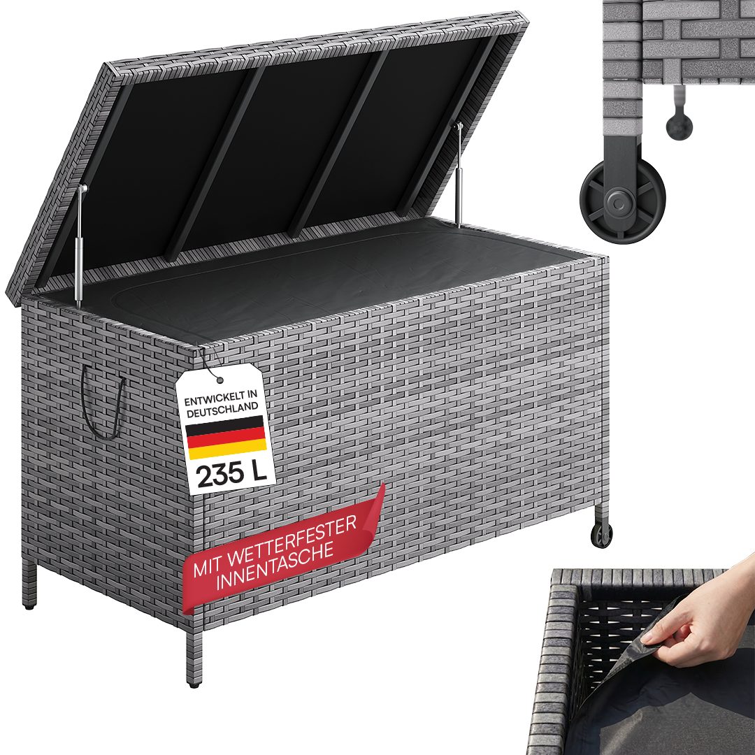 STEELSØN Aufbewahrungsbox Serion Gartenkiste aus Polyrattan (grau, 110 x 55 x 60 cm, mit Rollen), herausnehmbare Innenplane, wetterfeste Gartenbox mit Metallgestell