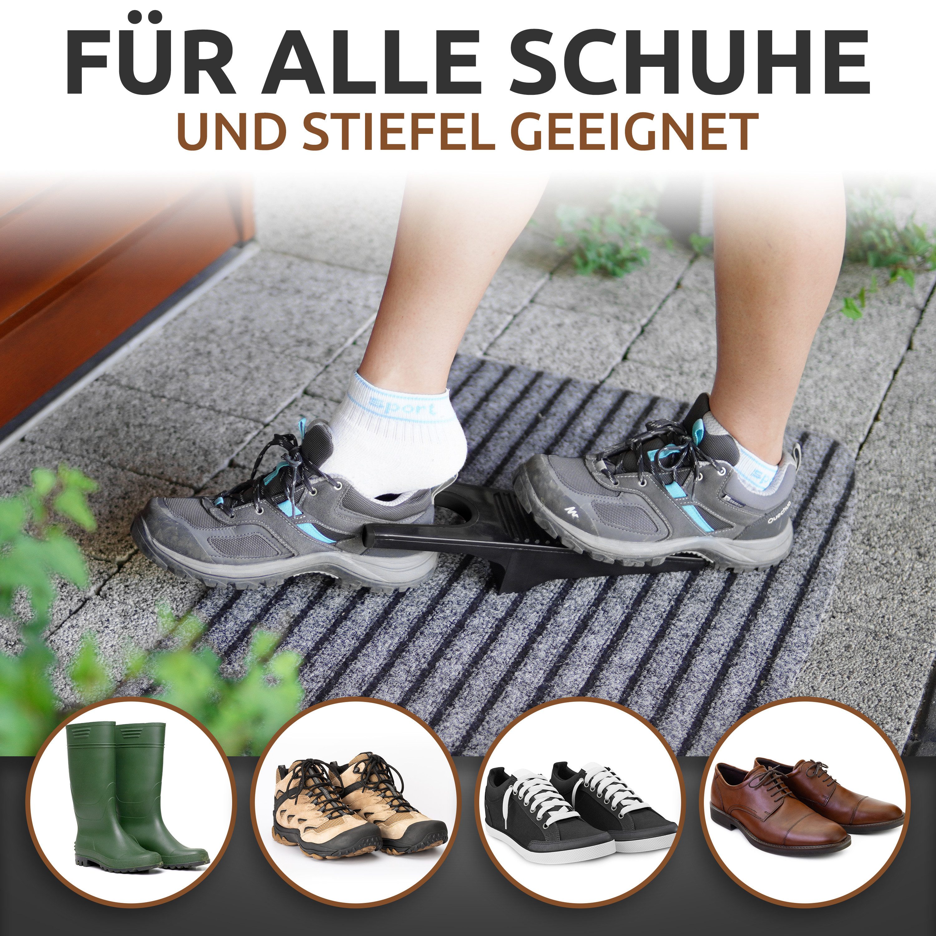 JK Trade Stiefelknecht für jedes Schuhwerk, stabiler Schuhabstreifer (1-tlg., mit Fersenschutz & Gummierung), Schuh- & Stiefelauszieher wetterfest, mit Schmutzrillen