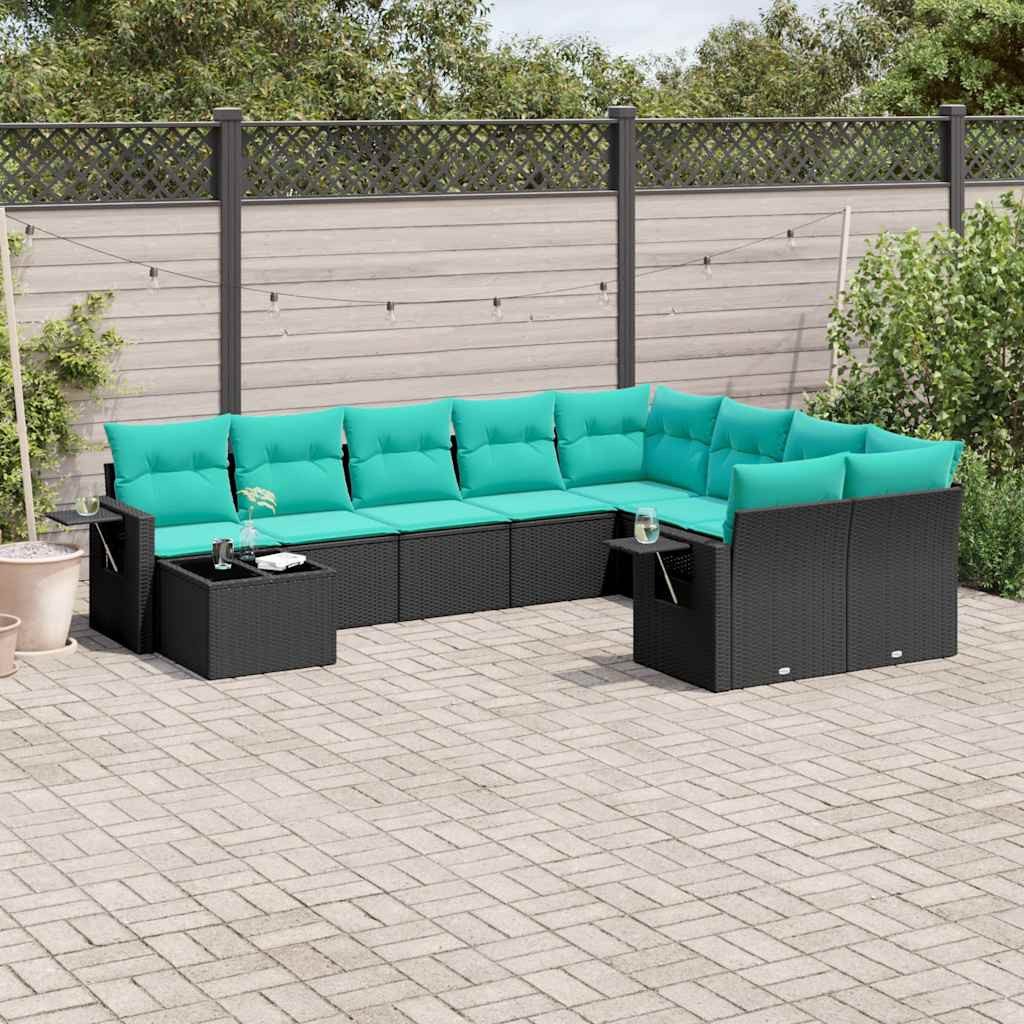 vidaXL Gartenlounge-Set 10-teiliges Gartensofa-Set mit Kissen, schwarzes Polyrattan, (1-tlg)