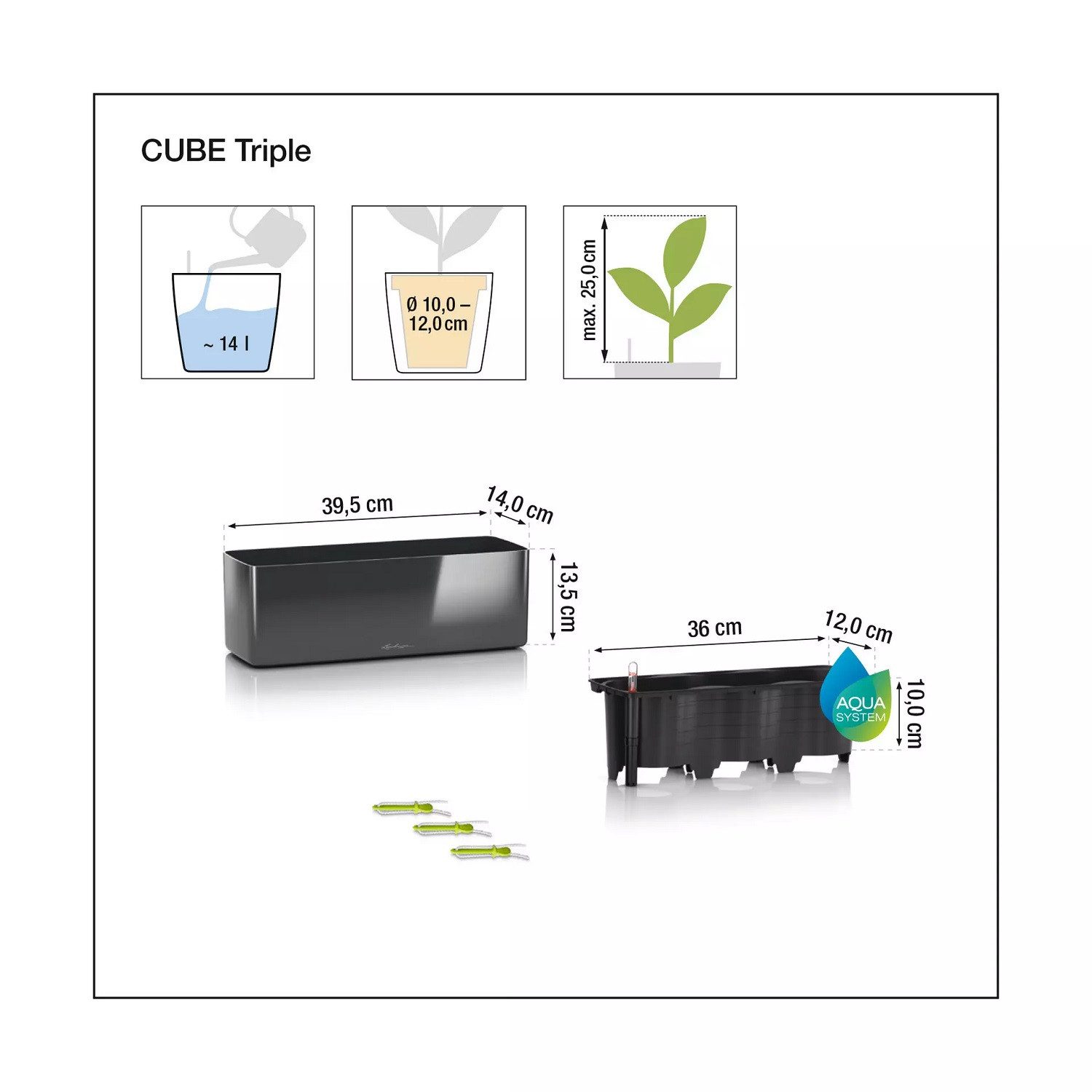 Lechuza® Kräutertopf Cube Premium Triple, Komplettset basaltgrau matt