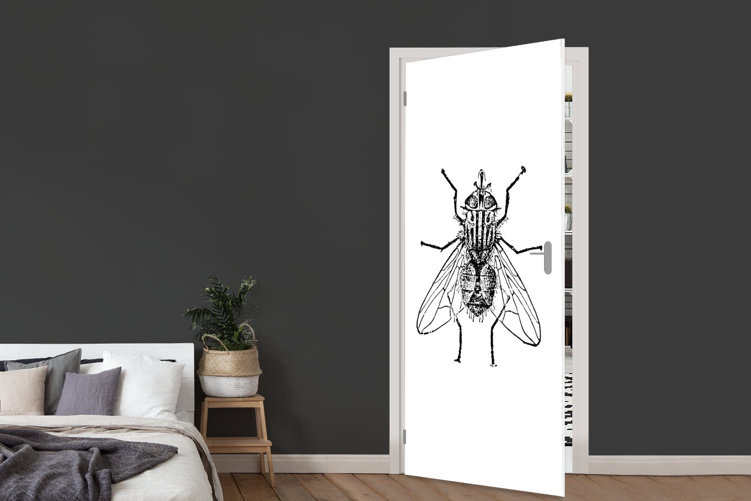 MuchoWow Türtapete Fliege (1 St), - weiß, und Türaufkleber, Tiere - Matt, Tür, bedruckt, 75x205 für Vintage cm Fototapete - Schwarz