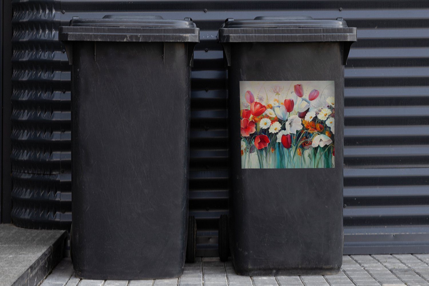 - St), - Malerei Sticker, (1 Ölgemälde Wandsticker Container, Abfalbehälter Blumen Mülltonne, MuchoWow Mülleimer-aufkleber,