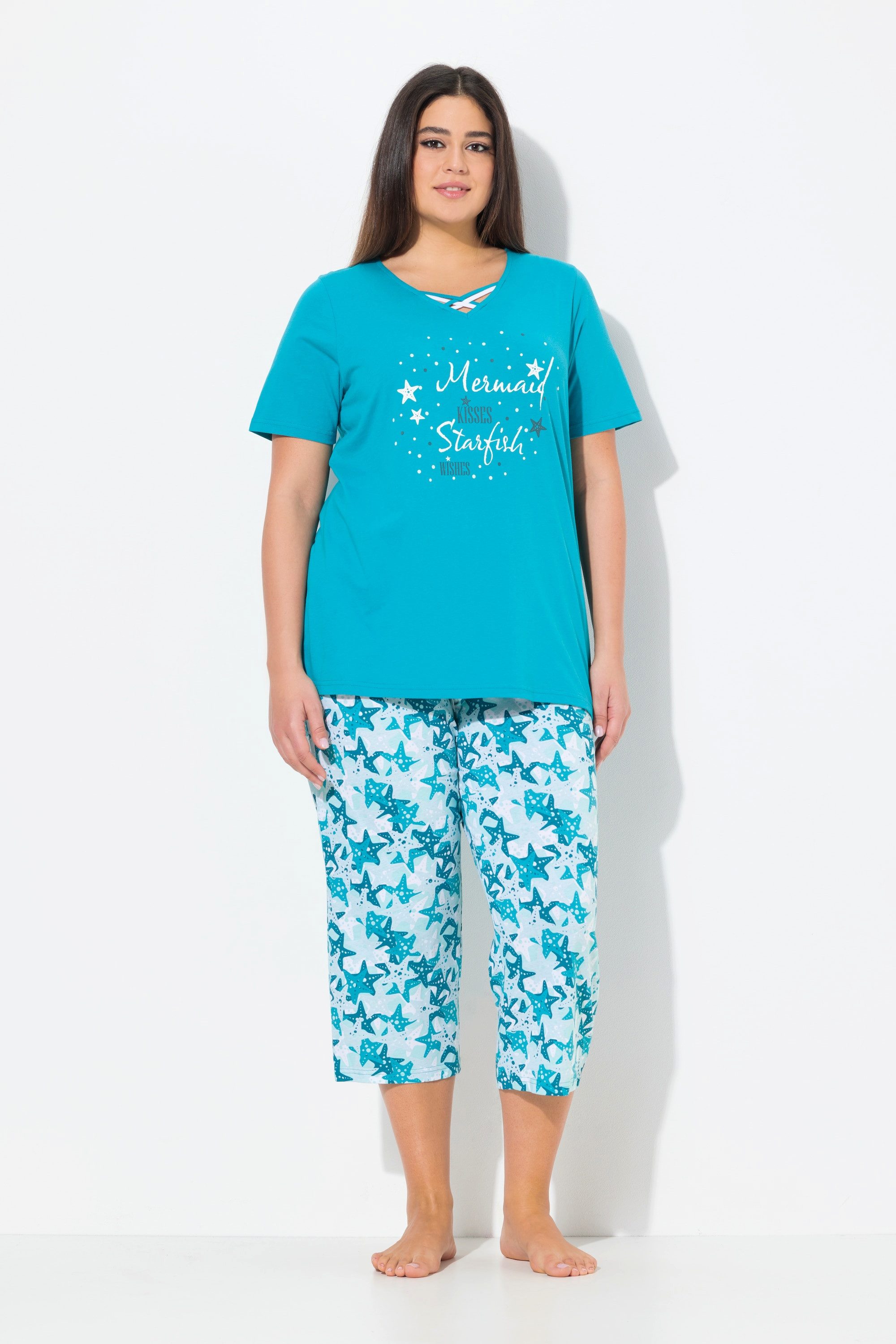 Ulla Popken Pyjama Pyjama Seesterne V-Ausschnitt günstig online kaufen