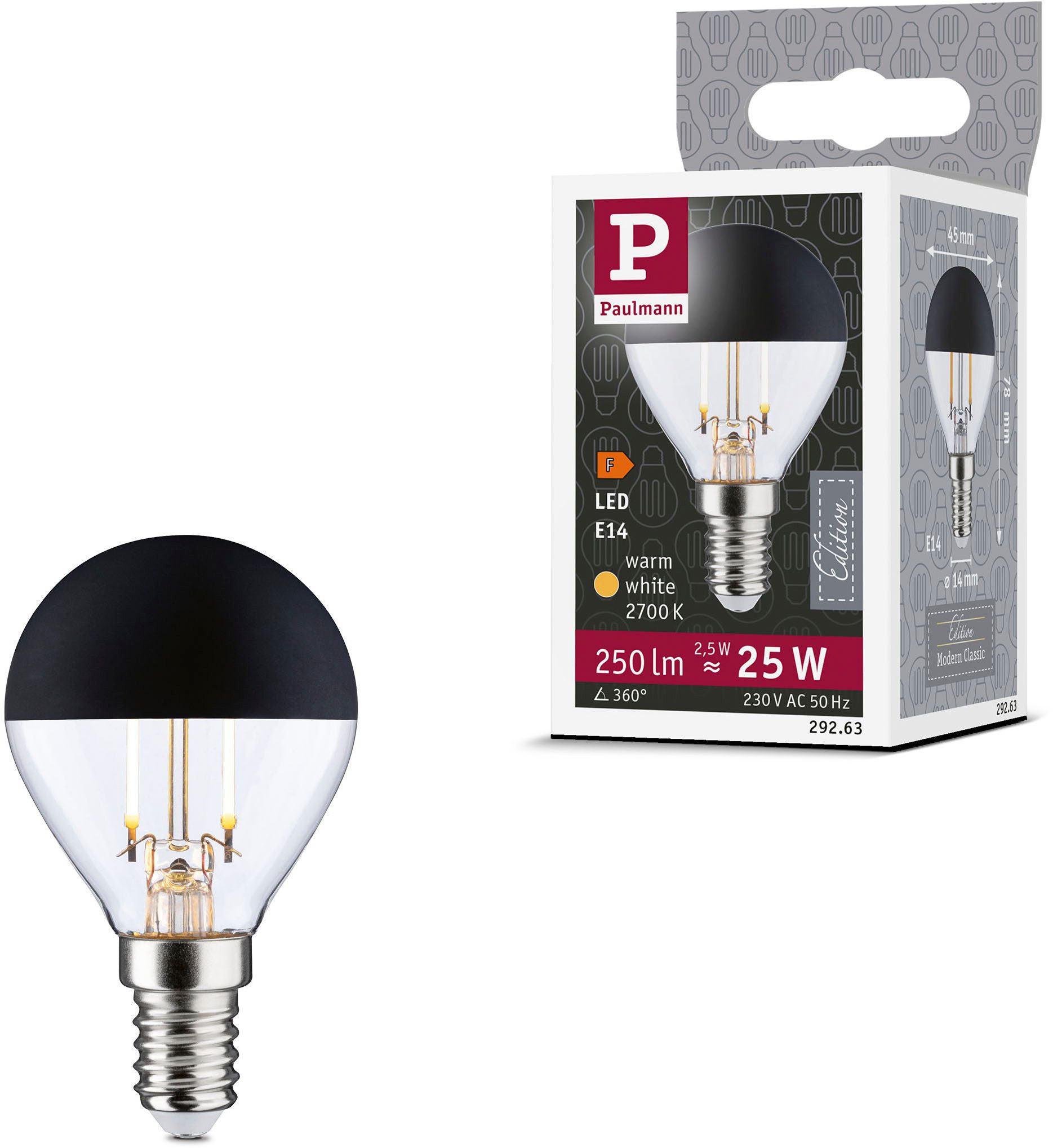 LED-Leuchtmittel LED Tropfen Kopfspiegel 250lm E14 2700K 2,5W 230V schwarz matt