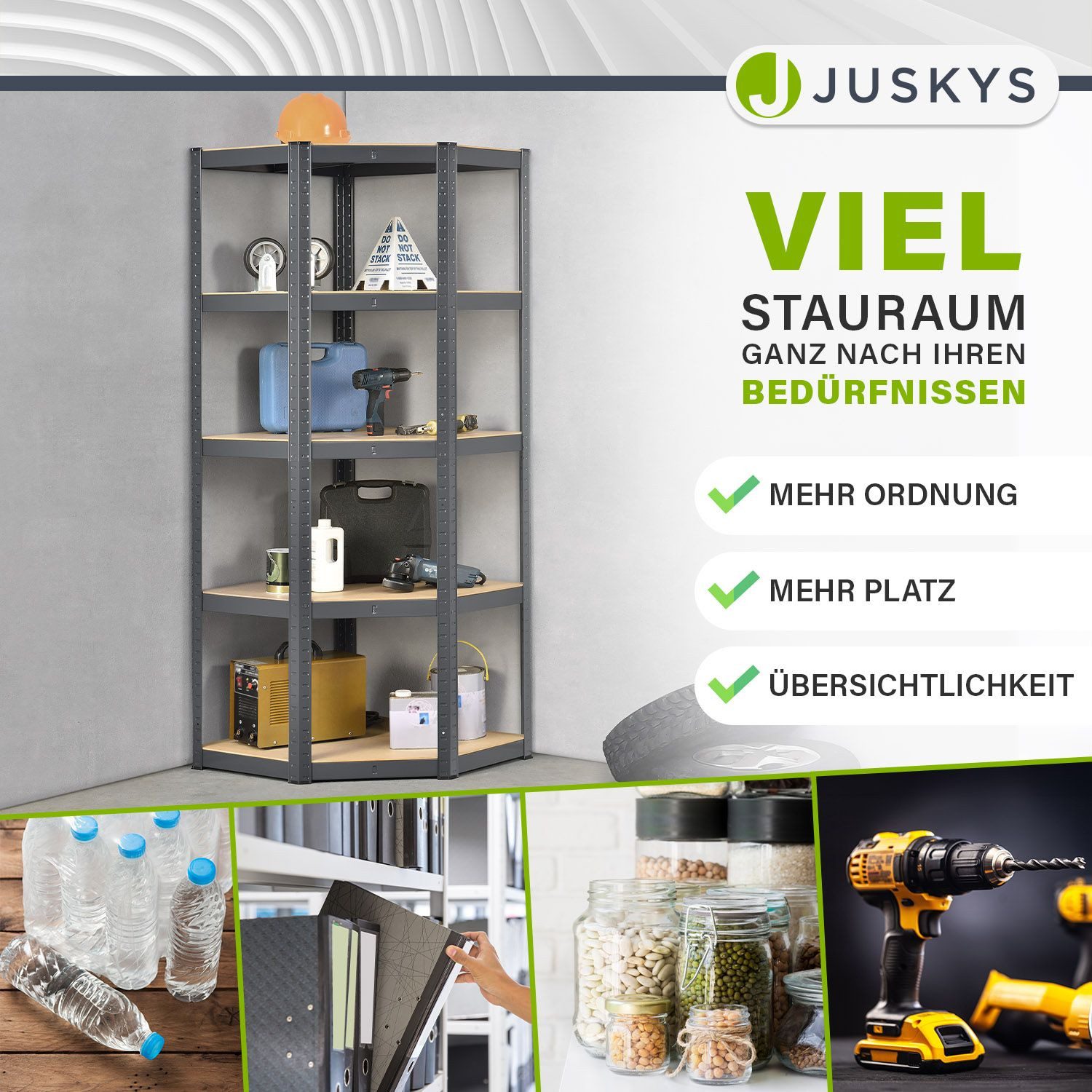 Juskys Eckregal Corner Basic, 5 Böden aus MDF-Holz, 175kg Traglast je Boden, Abstände frei wählbar