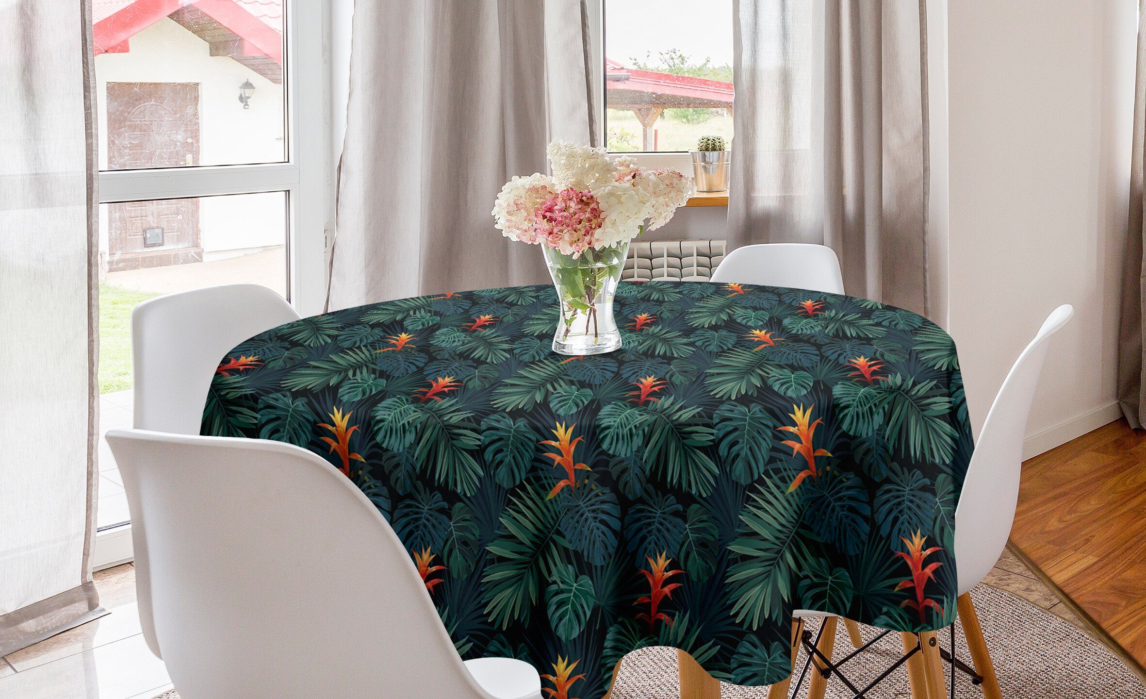 Abakuhaus Tischdecke Kreis Tischdecke Abdeckung für Esszimmer Küche Dekoration, Vintage Palm Dunkle Töne Guzmania