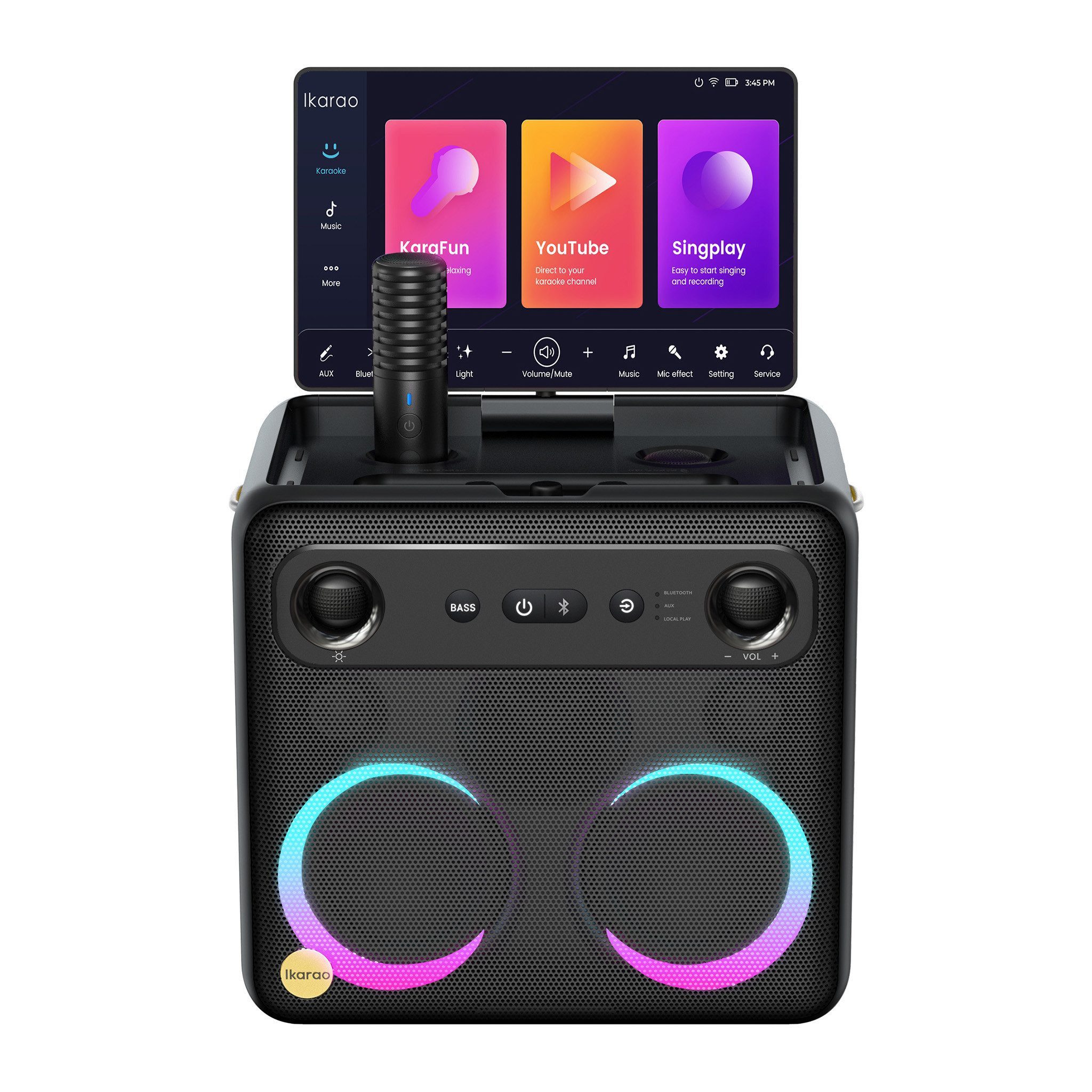 Ikarao Karaoke-Maschine 2.0 (WiFi 2.4 GHz, WiFi 5 GHz, Bluetooth 5.4, 600 W, Karaoke Lautsprecher, Touchscreen, 2 Mikrofone (kabellos), Lichteffekt)
