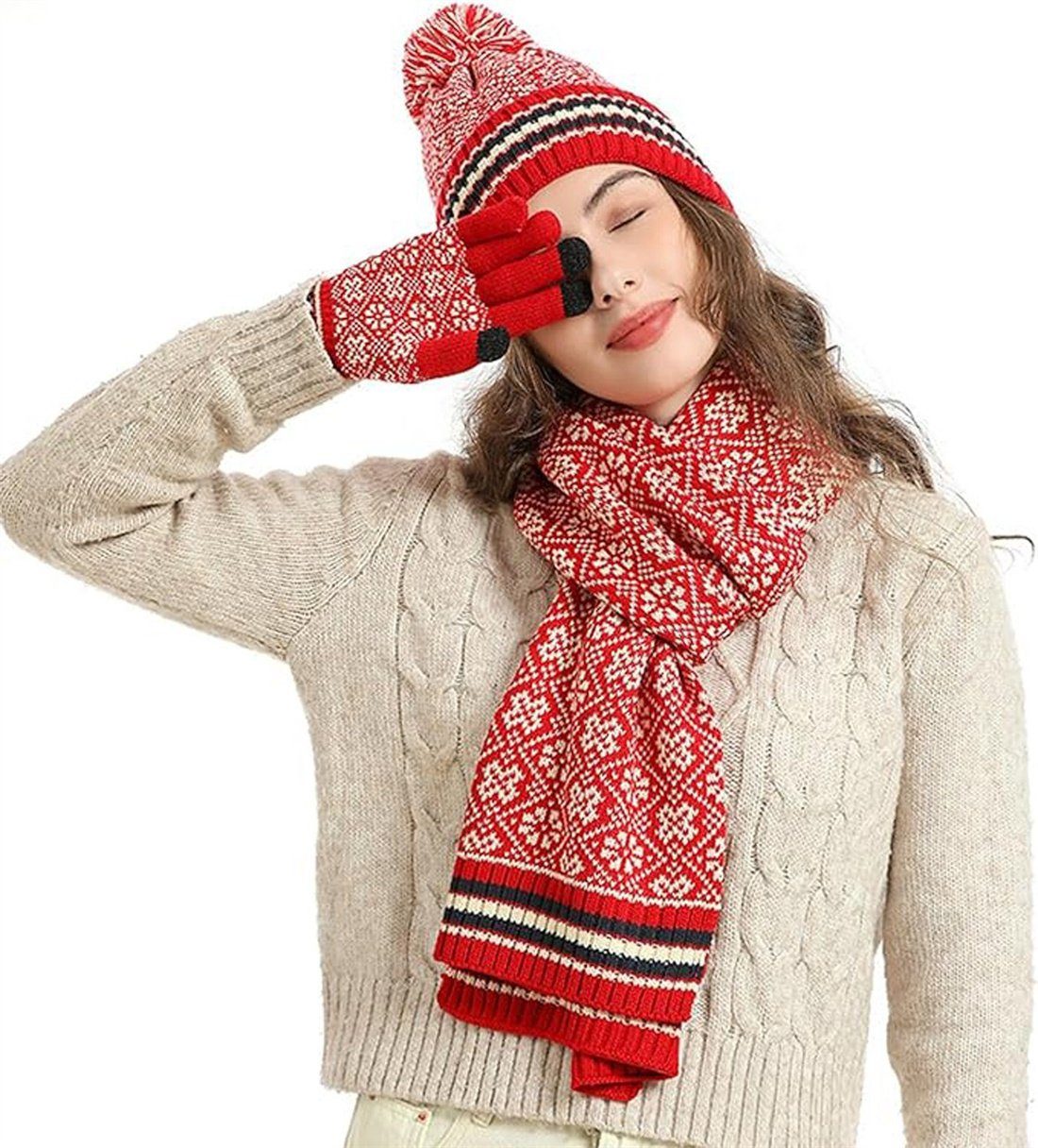 DAYUT Trikot-Handschuhe Schal, Handschuhe, Mütze Set, Warme Winter Weihnachtsgeschenk