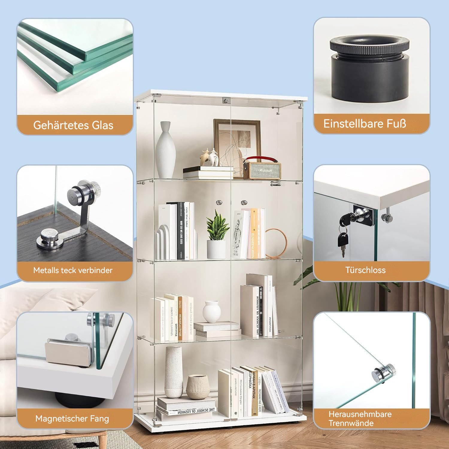 ADWOLT Glasvitrine Standvitrinen mit LED-Beleuchtung, 4-Lagen Vitrine (80.5 x 36.5 x 163.9cm, Rückwand aus gehärtetem Spiegelglas) Vitrinenschrank mit 2 Glastür – Bild 5 von 5