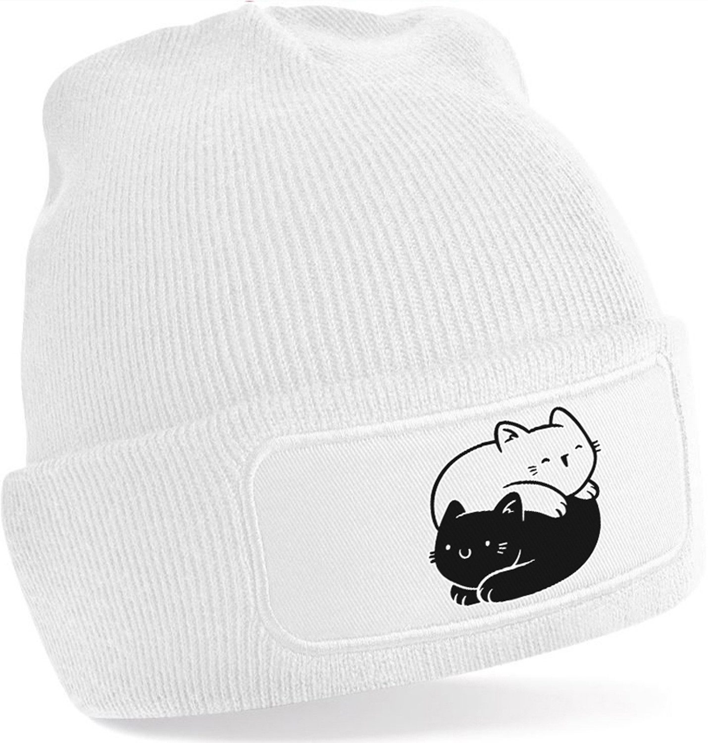 Strickmütze für kalte Tage - Beanie mit Umschlag und YinYang Katzen Print