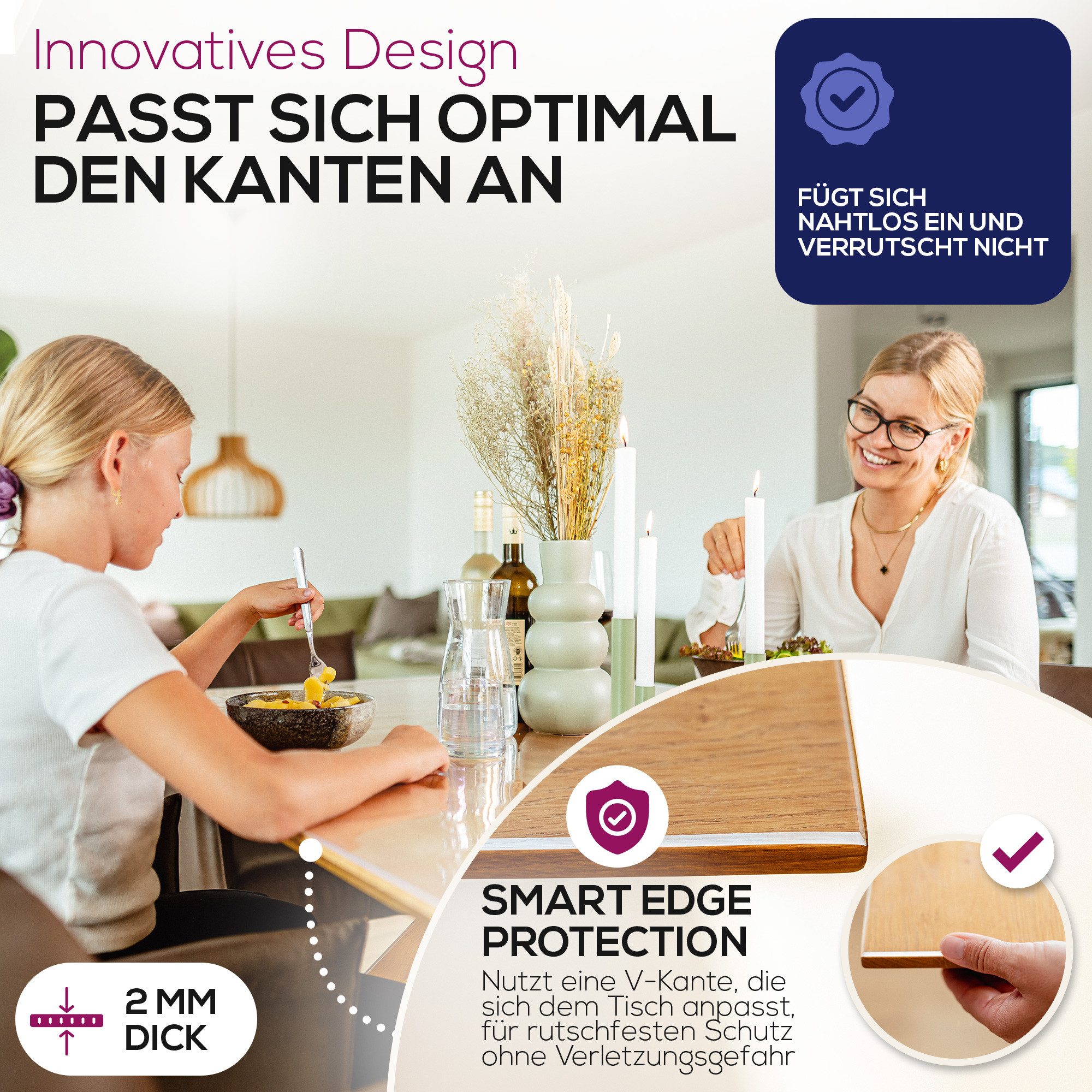 Beautex Tischdecke Glasklar Folie 2 mm + abgeschrägte Kante, transparente Tischdecke (1-tlg)