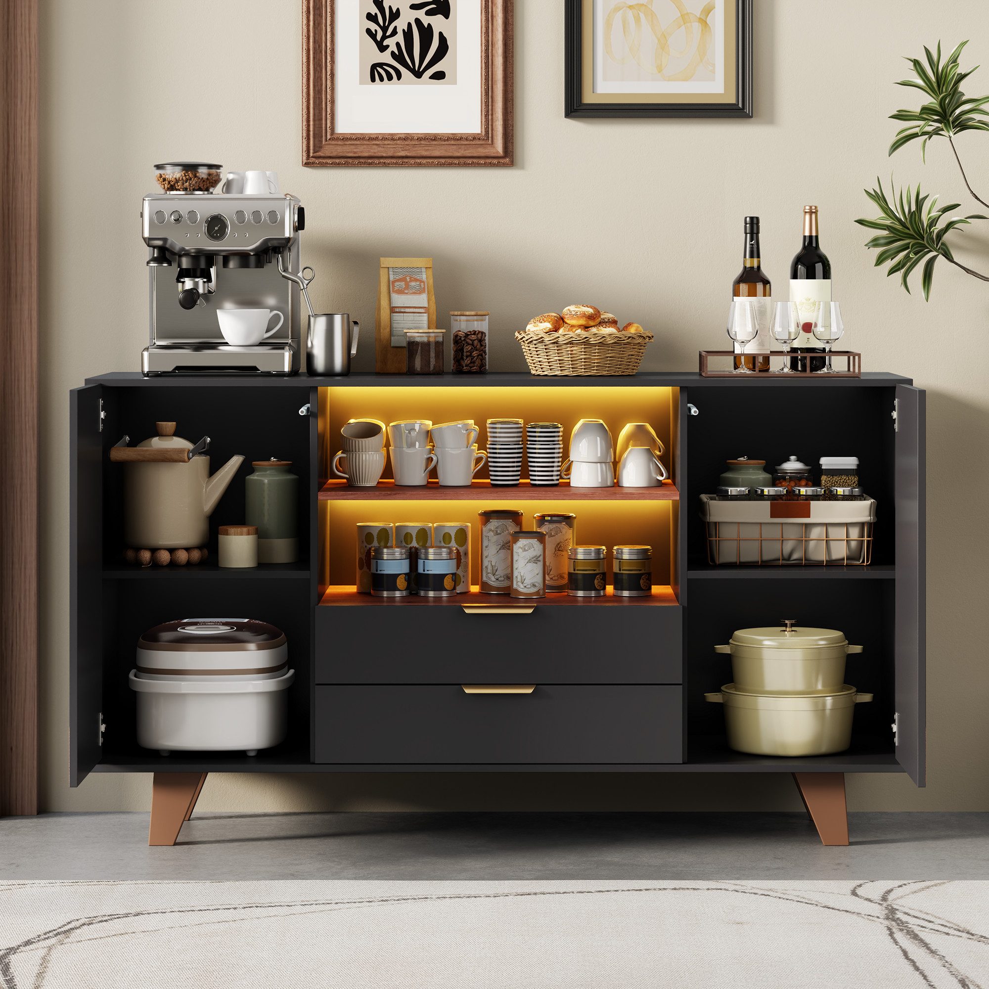 Flieks Kommode Sideboard mit LED-Beleuchtung, Schubladen, verstellbaren Einlegeböden (1 St., 150x40x90 cm), Küchenschrank Multifunktionsschrank geometrisch Front Schwarz&Natur