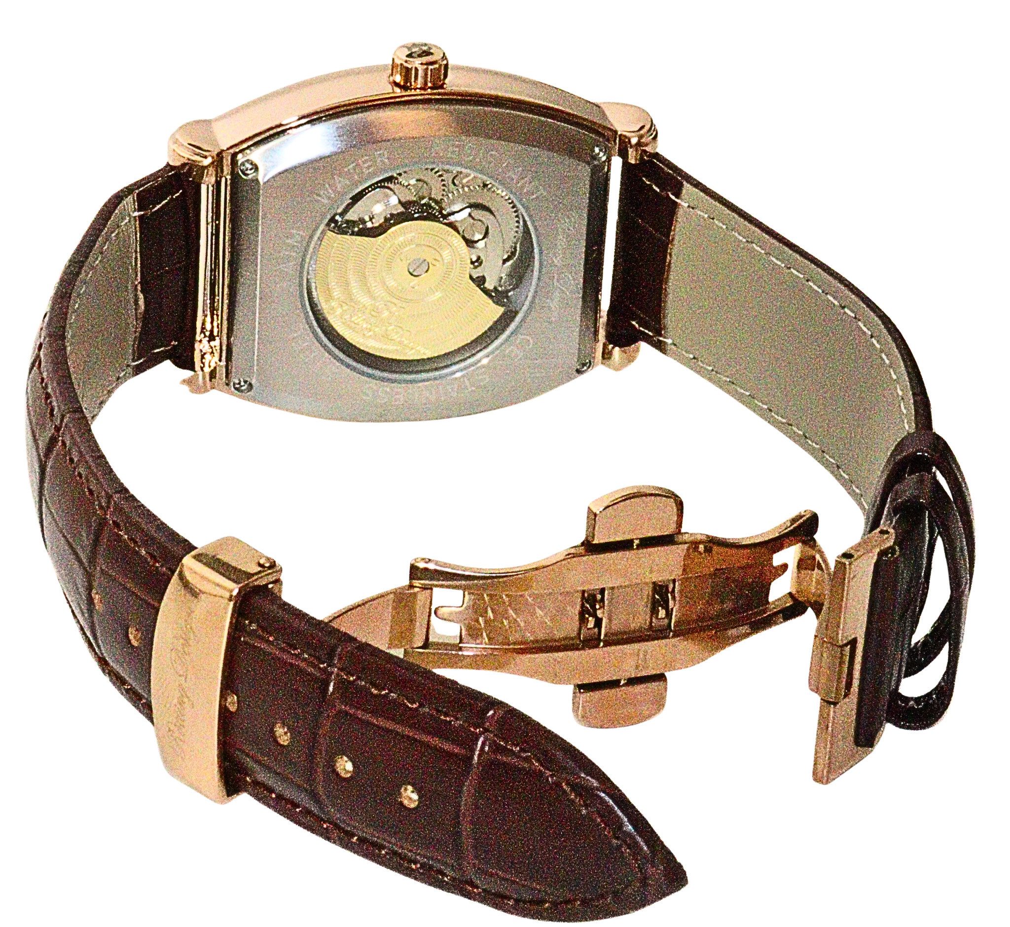 Rötting Design Automatikuhr Herren - offene Unruhe & Glasboden - Herrenuhr Automatik - Armbanduhr, Goldrosefarbenes Gehäuse - Lederarmband, mechanisch 24h Anzeige