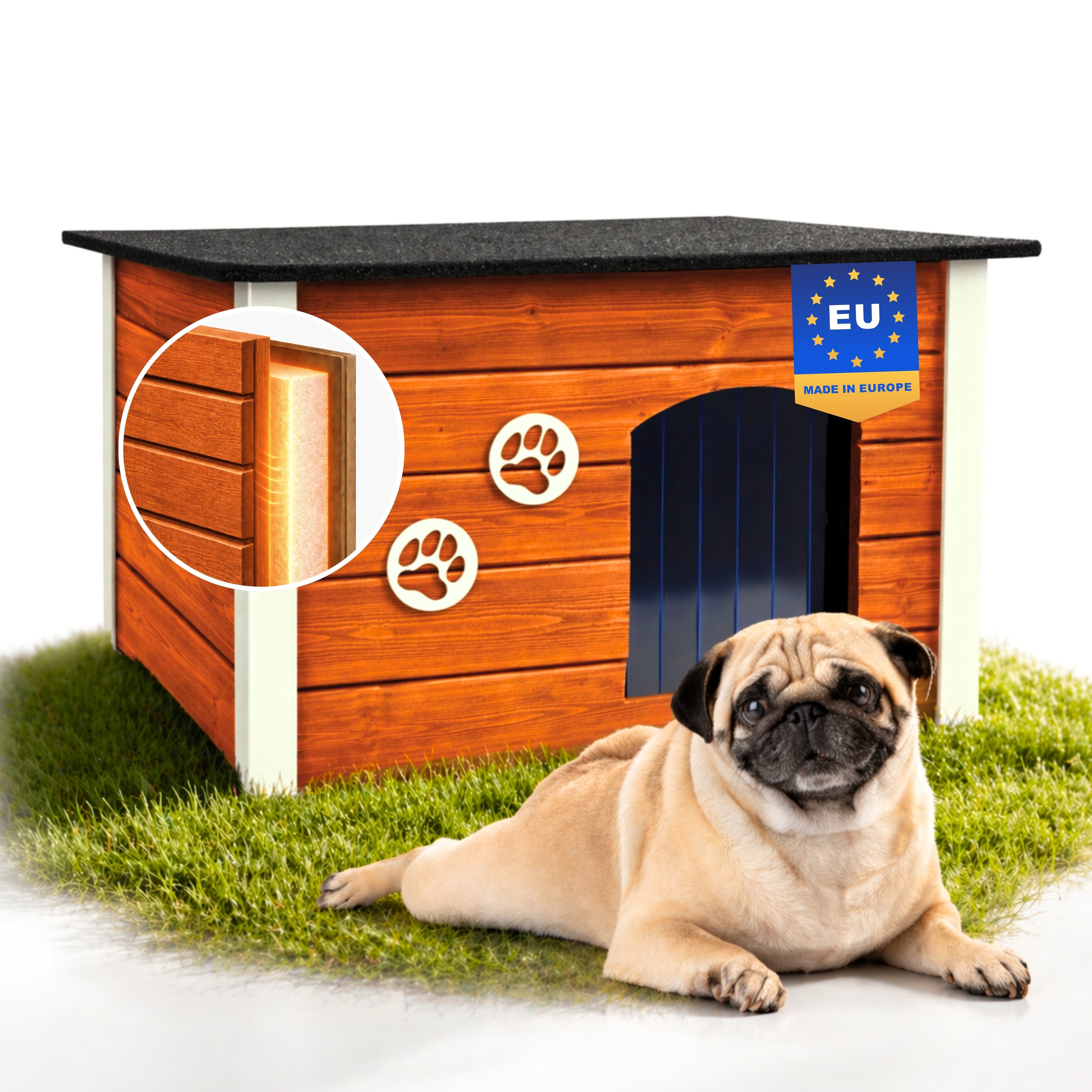 Outentin Hundehütte Holzhaus für Hunde outdoor, isoliert - Flachdach, 4 Farben, L/XL, Isoliert; Flachdach; Aufklappbar; Ungiftige Imprägnierung