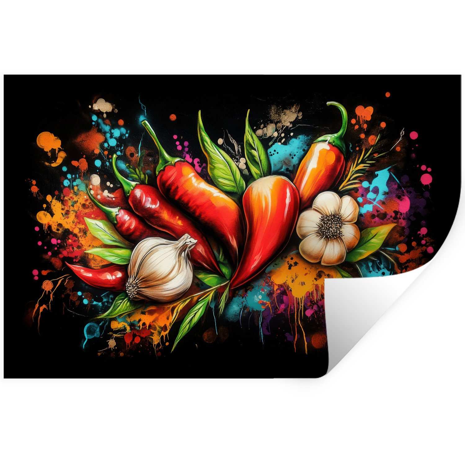 MuchoWow Wandsticker Gemüse - Paprika - Knoblauch - Graffiti - Farbe - Bunt (1 St), Wandtattoo, Selbstklebend, Wohnzimmer, 30x20 cm