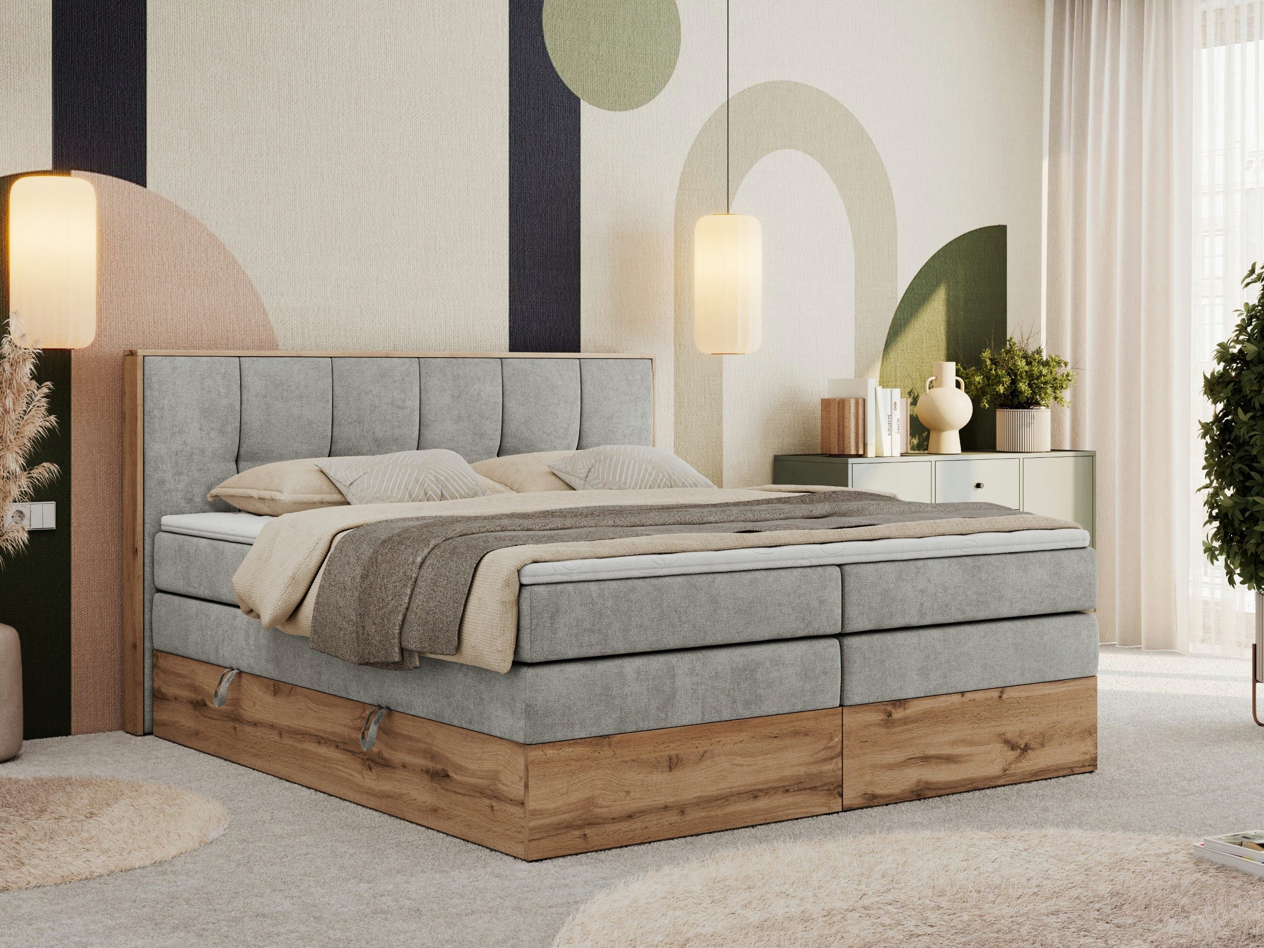 MKS MÖBEL Boxspringbett ALBERO 1 KING (Packung, Set, Polsterbett, Topper T25/Visco, T30-Schaum, Möbelplattenelementen), Doppelbett, Bettkästen, Multipocket-Matratzen, Boxspringbett, Kopfteil