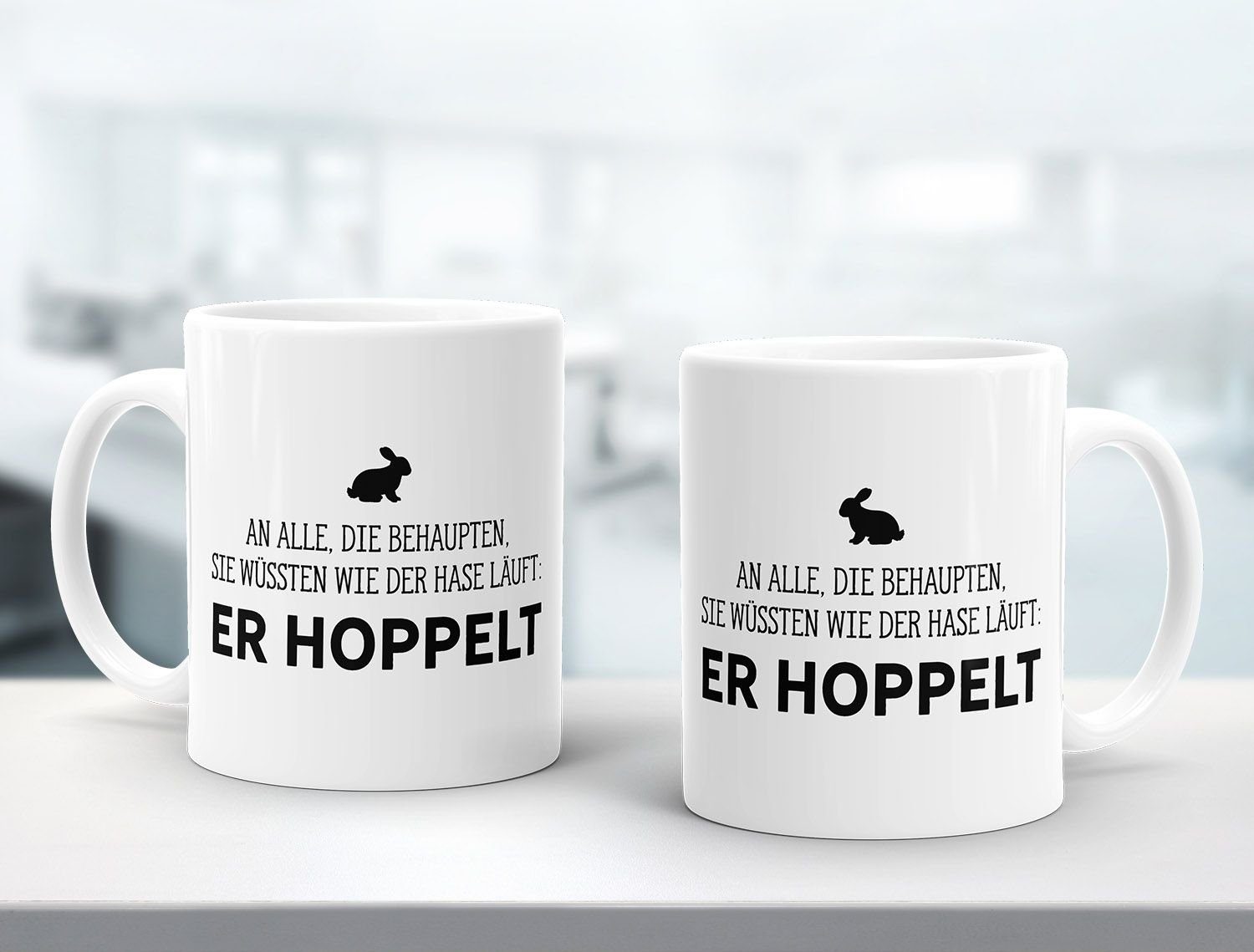 MoonWorks Tasse Kaffee-Tasse Spruch-Tasse an alle die wissen wie der Hase läuft - er hoppelt Büro-Tasse MoonWorks® einfarbig, Keramik
