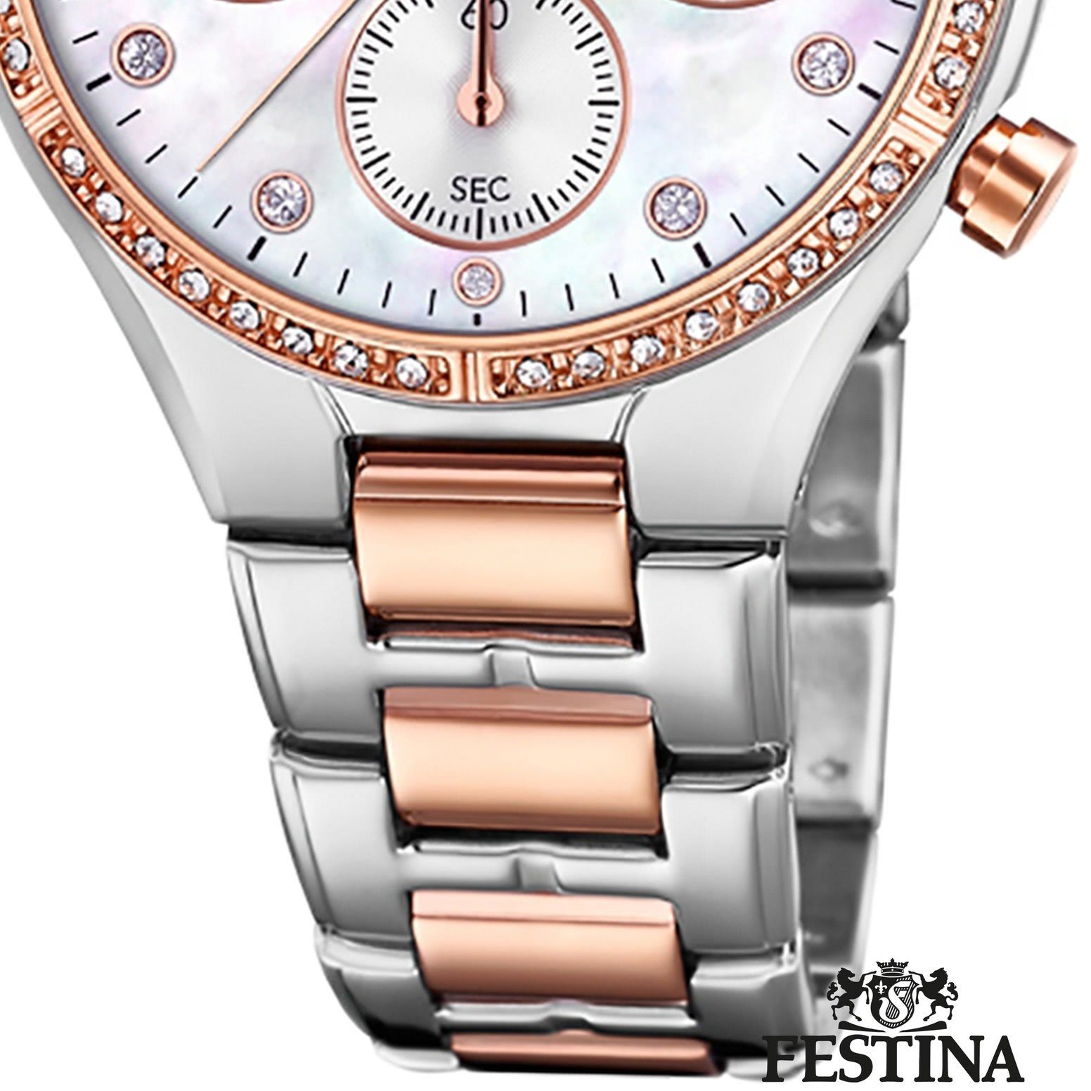 Festina Chronograph Festina Damen Uhr F20403/1 Edelstahl, (Chronograph), Damen Armbanduhr rund, Edelstahlarmband silber, rose