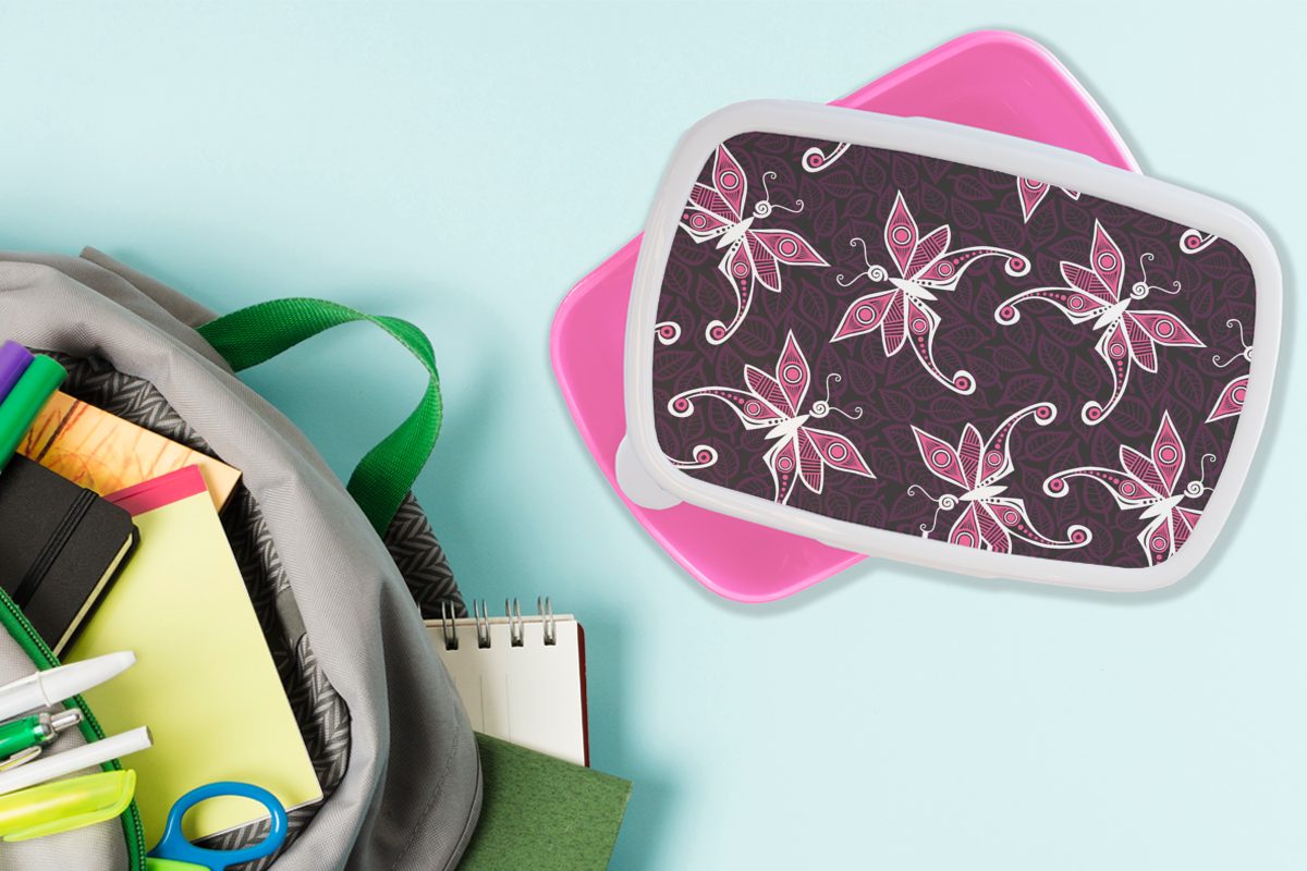 Muster Schmetterlinge Brotbox Brotdose MuchoWow - Kinder, Snackbox, Mädchen, Kunststoff, - Erwachsene, für Rosa, Kunststoff Lunchbox (2-tlg),