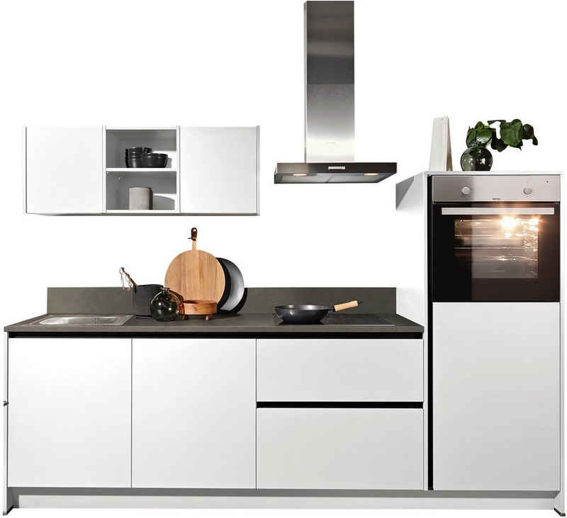 Kochstation Küchenzeile KS-Sakura, vormontiert, mit Vollauszügen und höhenverstellbaren Füßen, wahlweise mit E-Geräten und Beleuchtung, Breite 268 cm