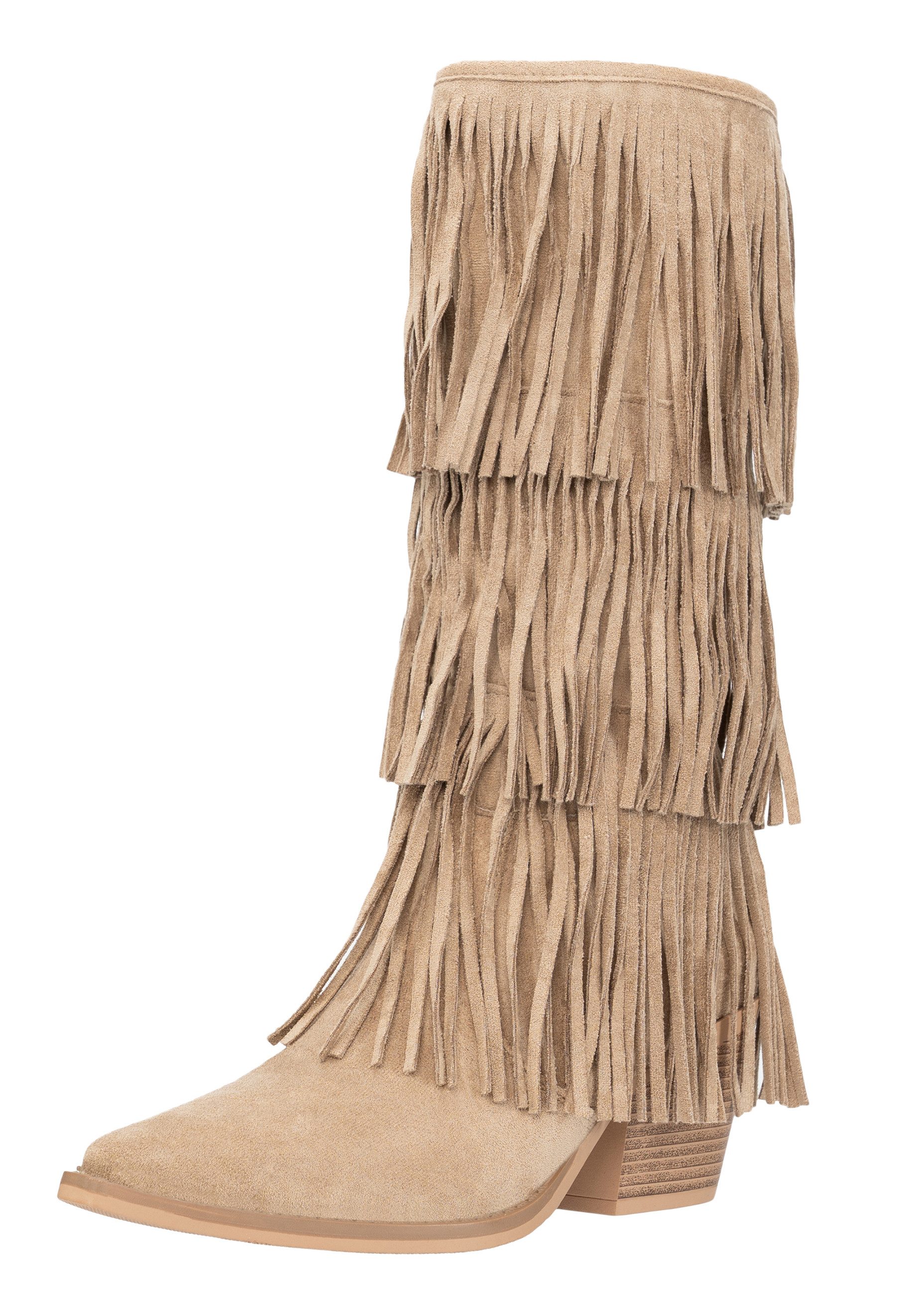 Salinyang Damen Westernstiefel mit Fransen, Blockabsatz und Reißverschluss Cowboystiefel