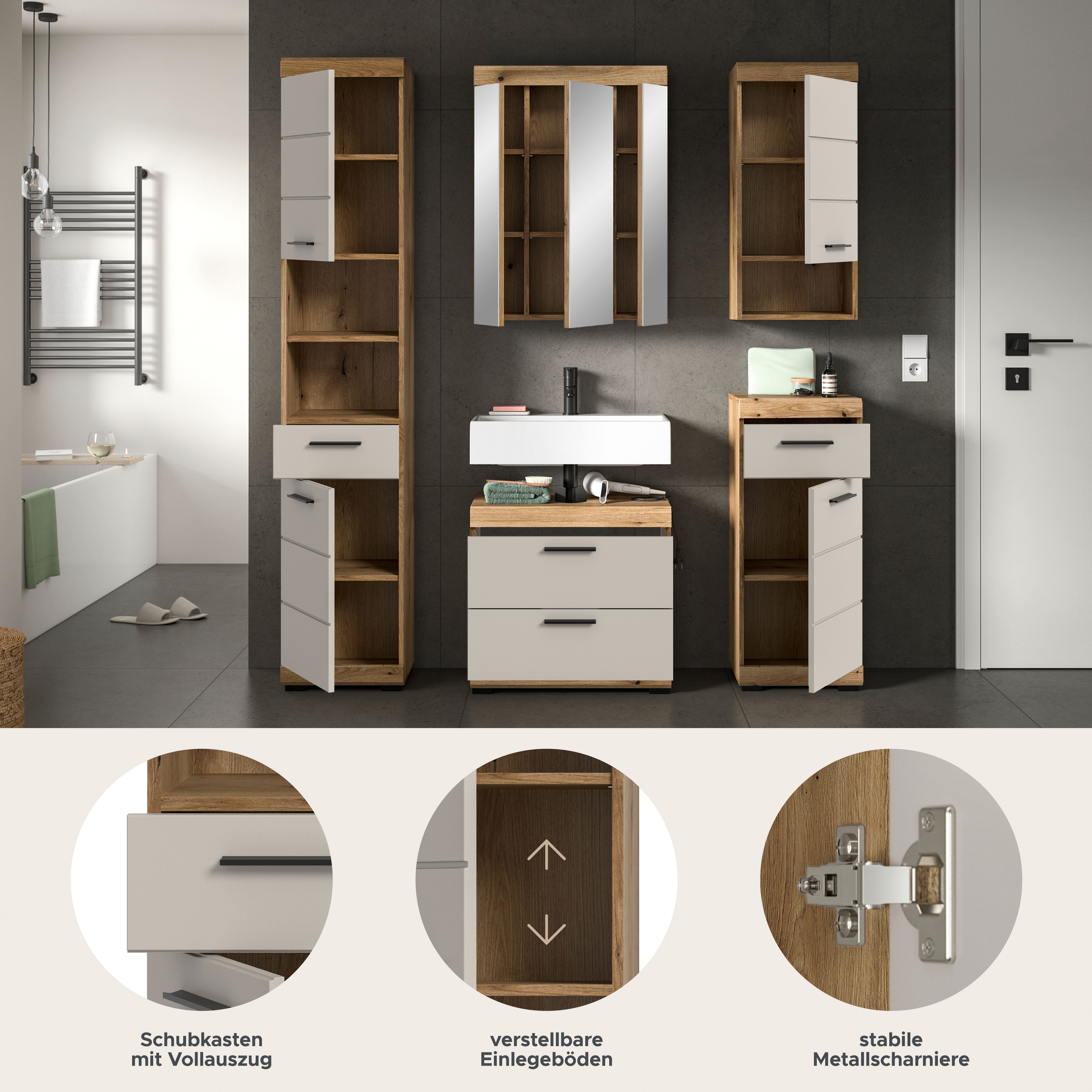 welltime Badmöbel-Set SIENA, 5 teilig, bestehend aus:, (Set, 5-St., TOPSELLER), Hochschrank, WBU, Spiegelschrank, Unterschrank, Hängeschrank