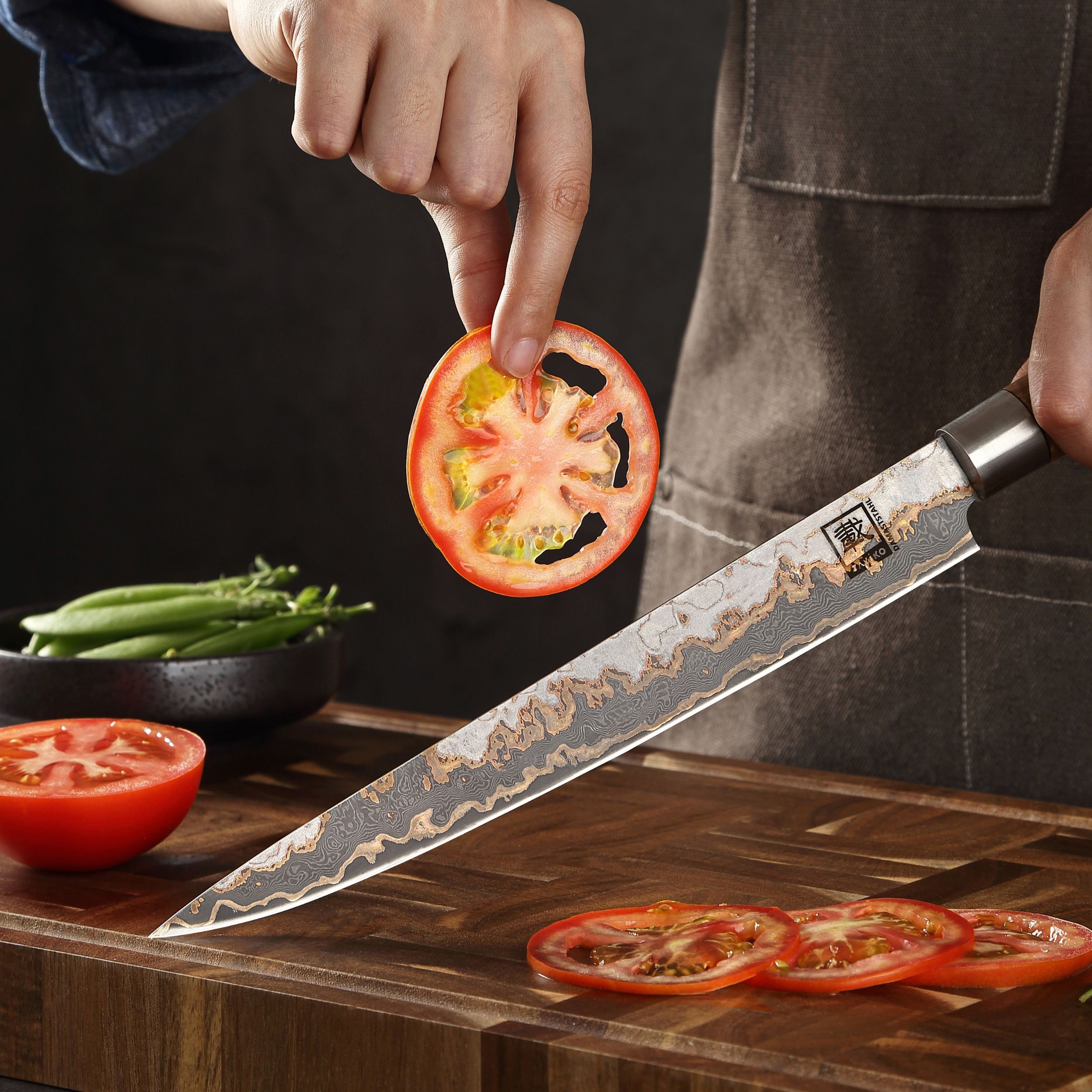 ZAYIKO Asiamesser MysticMagma Sashimi Küchenmesser 25cm Kupfer-Bronze-Damastklinge, Damaststahl, Kupfer-Bronze-Einlage