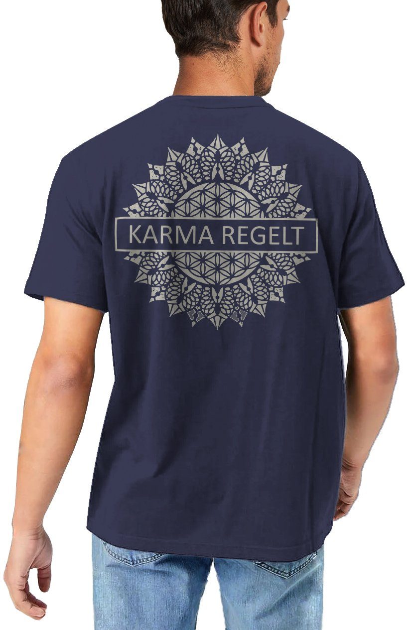 Herren Lustig mit Geschenke Rücken Druck Karma T-Shirt Regelt MAKAYA Rückenprint Spruch Blau Esoterik