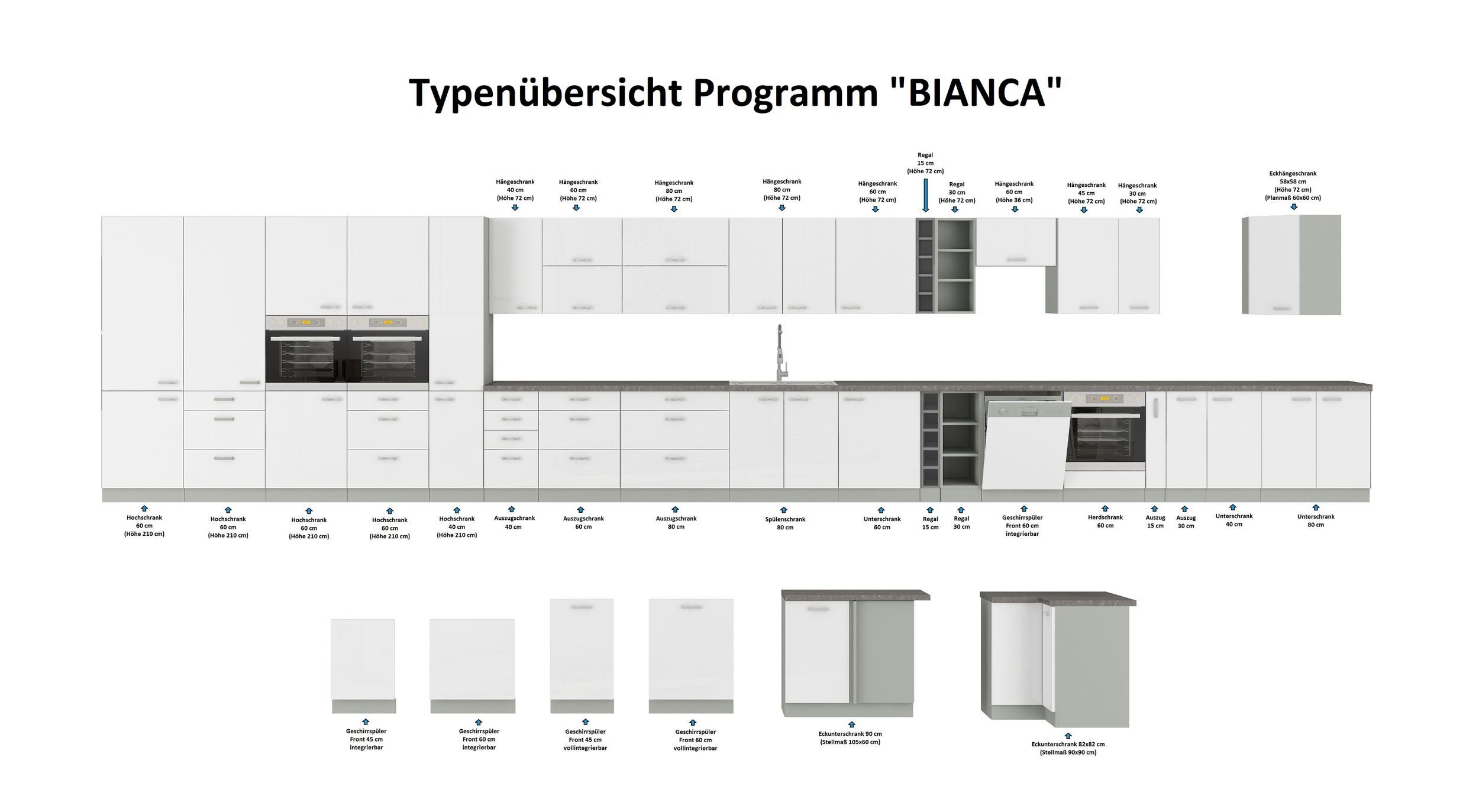+ Bianca Küchen-Preisbombe Hochglanz Küchenblock Küchenzeile Hängeschrank Weiß 60 cm Küche Grau