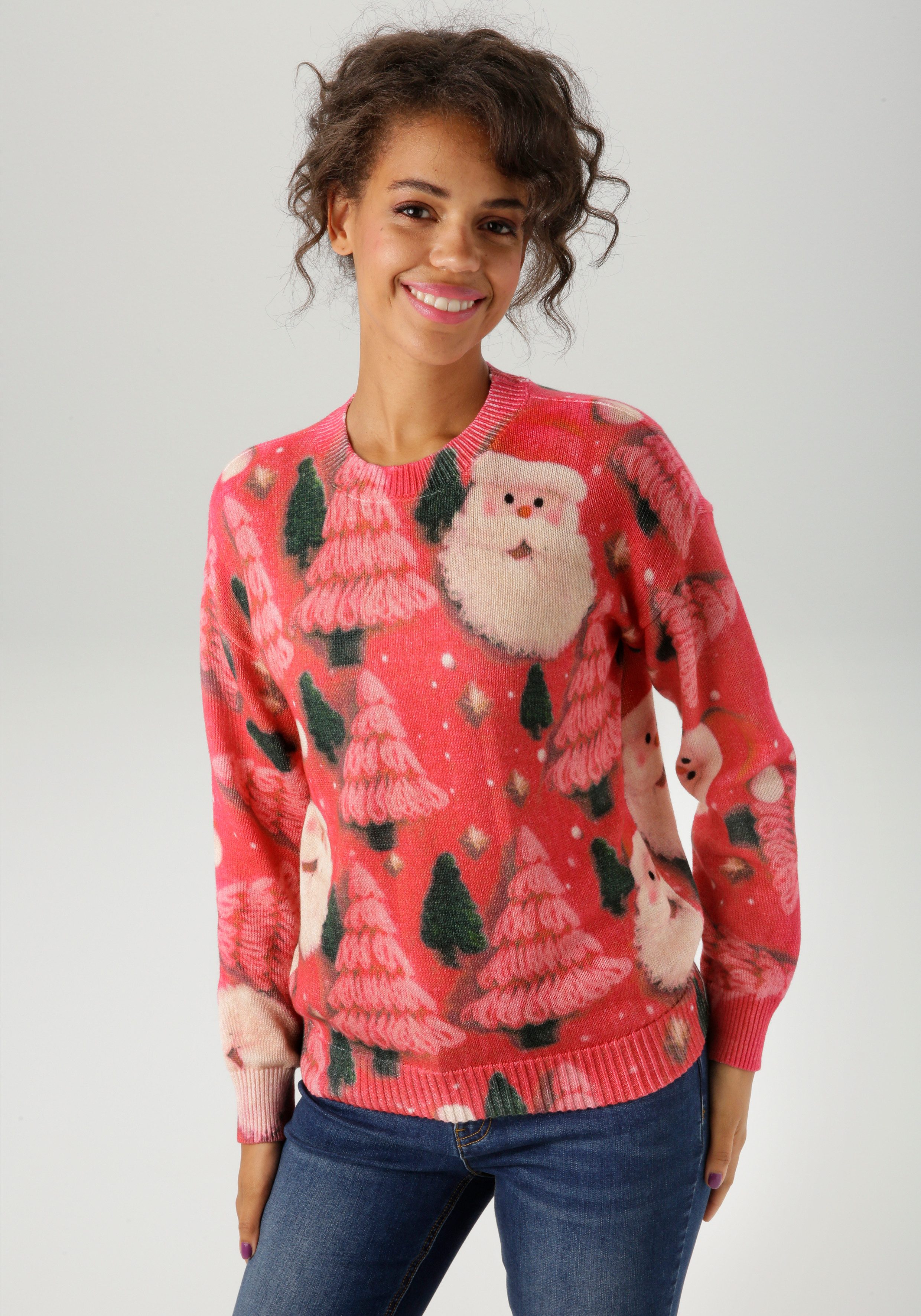 Aniston CASUAL Weihnachtspullover kunstvoll mit Tannen und Nikolaus-Köpfen günstig online kaufen