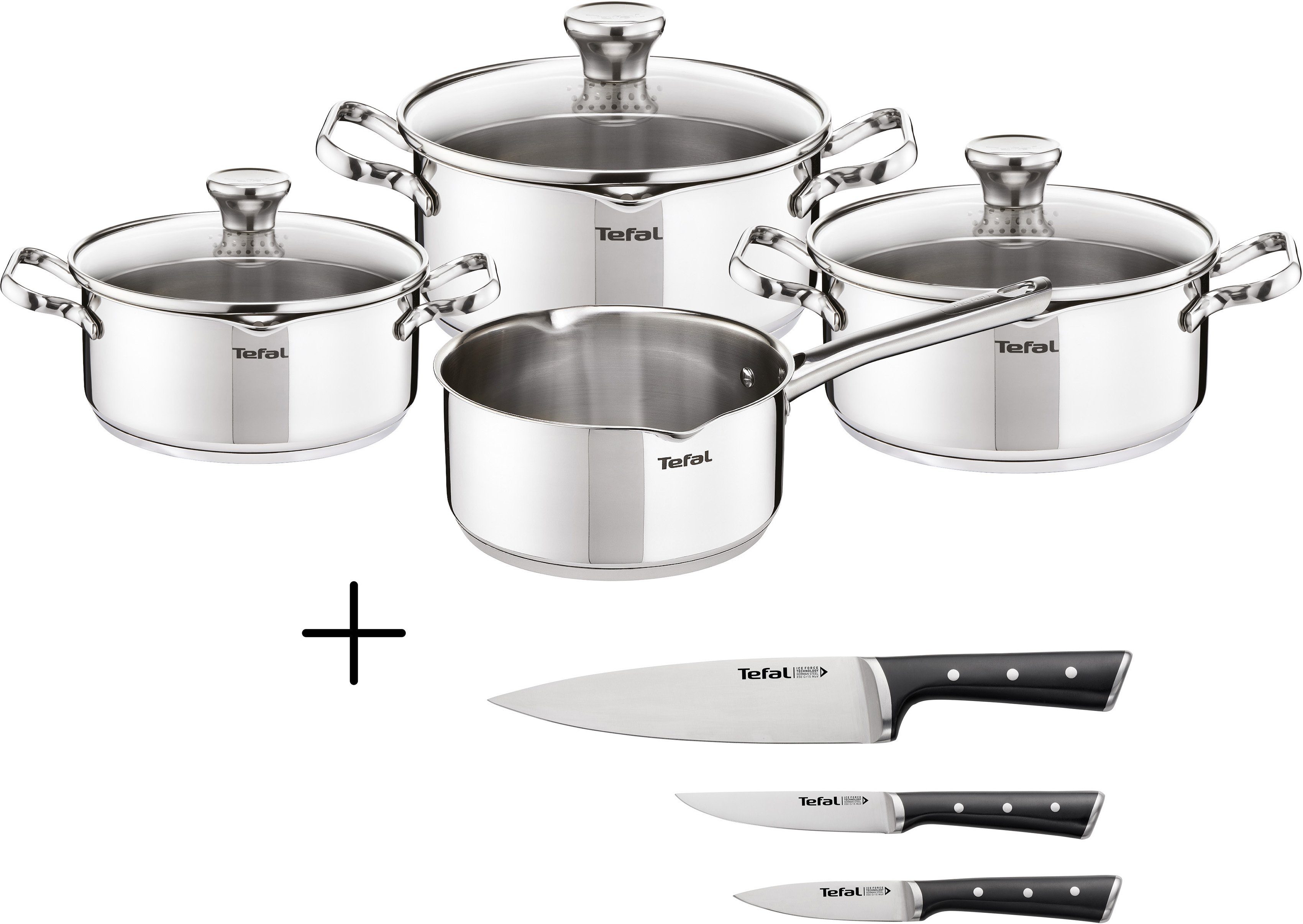 + + 7-teilig Tefal Induktion Herdarten) (Set, Edelstahl 3tlg., Topf-Set 10-tlg., Edelstahl-Topfset Messerset Set: (alle Force, Ice + Edelstahl-Topfset Duetto 3-teilig), Messer-Set