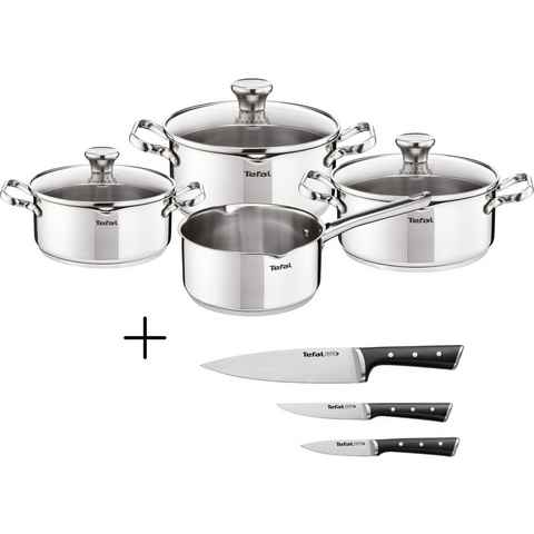 Tefal Topf-Set Duetto + Ice Force, Edelstahl (Set, 10-tlg., 1 Kasserolle 16 cm, je 1 Kochtopf mit Deckel 16/20/24 cm, 3 Kochmesser), Set: Edelstahl-Topfset (alle Herdarten), Induktion