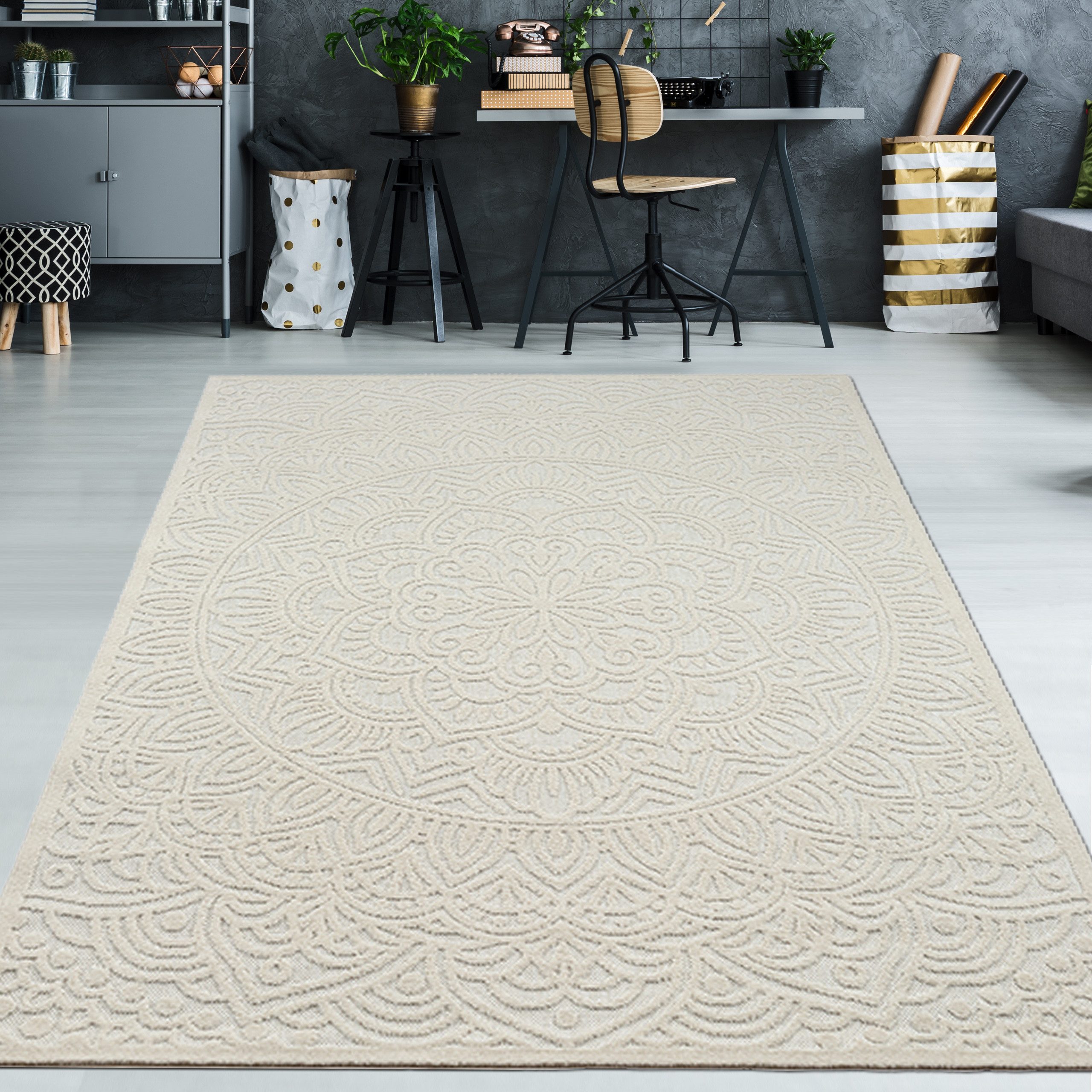 Teppich In- und Outdoor Teppich mit Blumen Muster in creme, TeppichHome24, rechteckig, Höhe: 5 mm